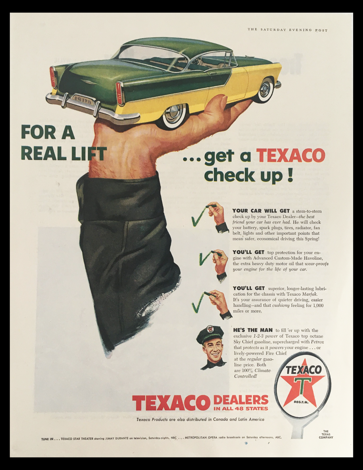 1956 Texaco Sky Chief Gasoline Dealers Vintage Print Ad featuring a classic car illustration held in a hand, advertising Texaco services with a nostalgic mid-century design.
