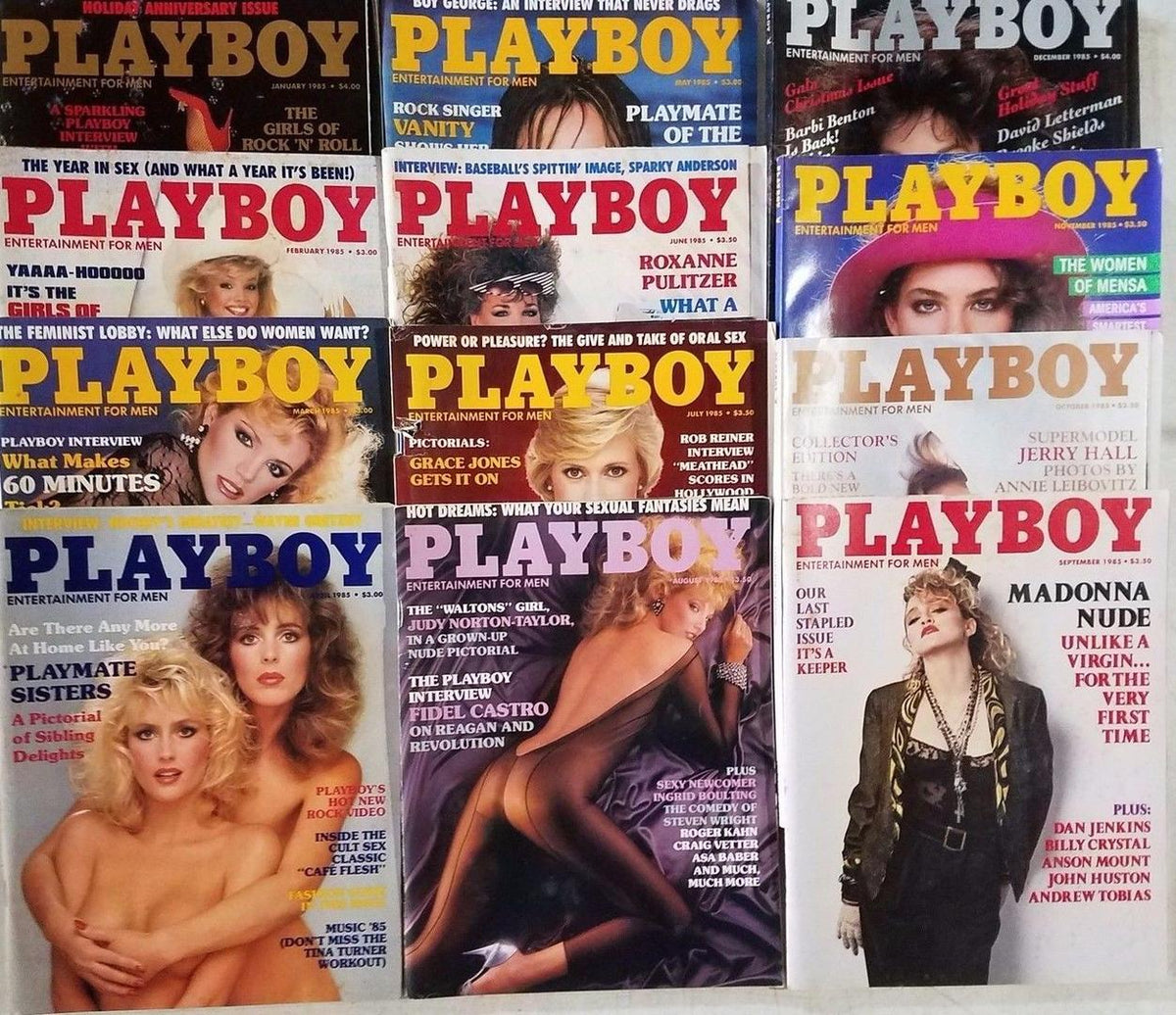 VTG Playboy Magazine Lot of 12 Full 1985 Year Issue featuring iconic covers and centerfolds from notable models and celebrities, showcasing the cultural essence of the 1980s.