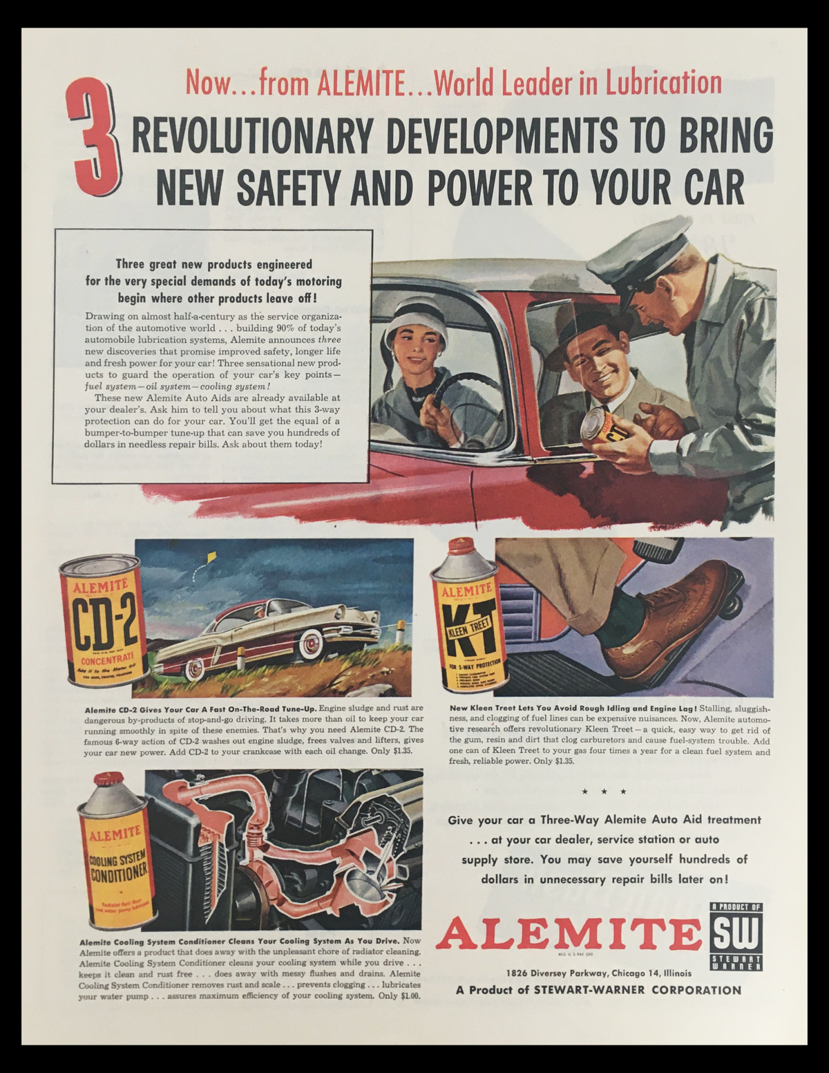 1956 Alemite World Leader Lubrication Vintage Print Ad showcasing revolutionary developments in lubrication for vehicles, featuring bold design and classic typography that reflects mid-20th century advertising styles.
