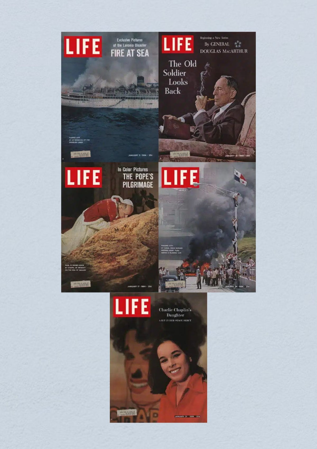 Life Magazine Lot of 5 Full Month January 1964 featuring cover images from issues dated January 3, 10, 17, 24, and 31, highlighting events from the Civil Rights Era such as the Lakonia disaster, reflections by General Douglas MacArthur, Pope Paul VI's pilgrimage, and more.