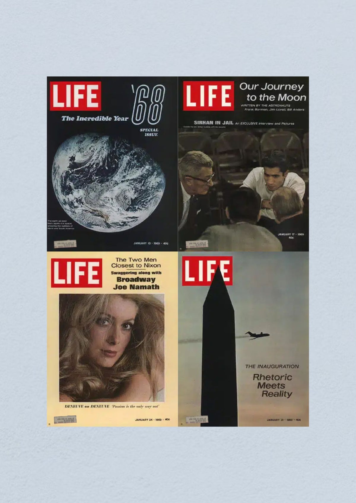 Life Magazine Lot of 4 Full Month January 1969 featuring four covers: January 10, 1969 with Earth image, January 17, 1969 about the Moon journey, January 24, 1969 with Joe Namath, and January 31, 1969 covering the Inauguration.