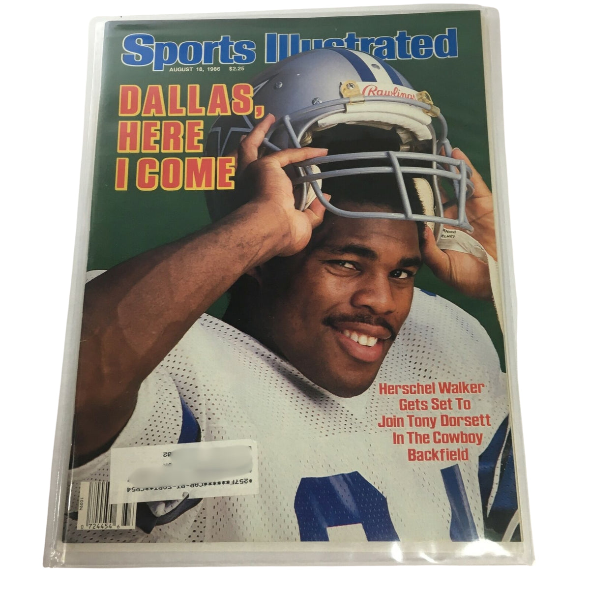 Lot of 6 1980s-1990s Sports Illustrated Magazines showcasing NFL stars. Featured cover is from August 18, 1986, portraying Herschel Walker in his Dallas Cowboys uniform.