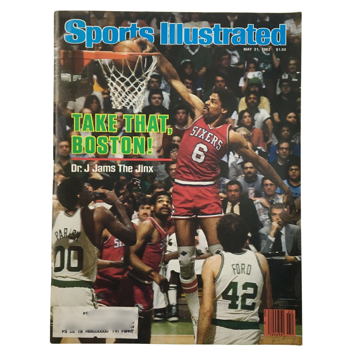 Cover of Sports Illustrated magazine from May 31, 1982, featuring Julius Erving with the headline 'Take That, Boston! Dr. J Jams The Jinx', an essential piece from the lot of 10 vintage basketball magazines.