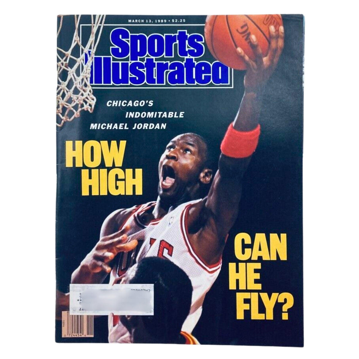 Cover of Sports Illustrated magazine from March 13, 1989, titled 'How High Can He Fly?' featuring Michael Jordan in action, representing the legendary player during the 1990s.