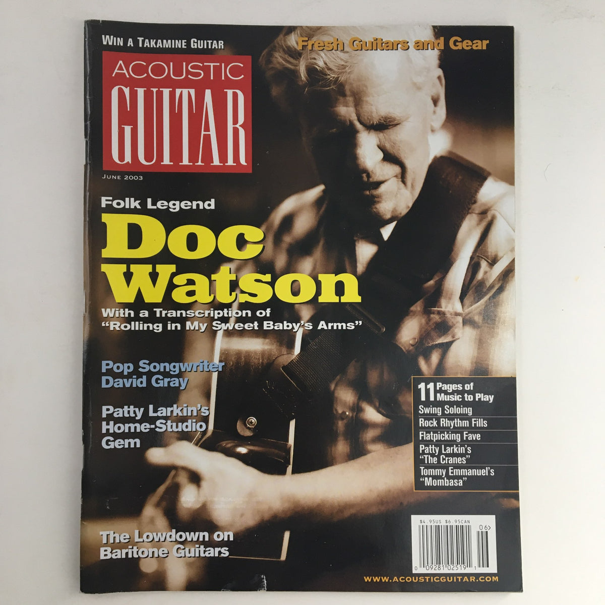 Acoustic Guitar Magazine June 2003 featuring Folk Legend Doc Watson on the cover with an article on songwriter David Gray and guitar techniques.
