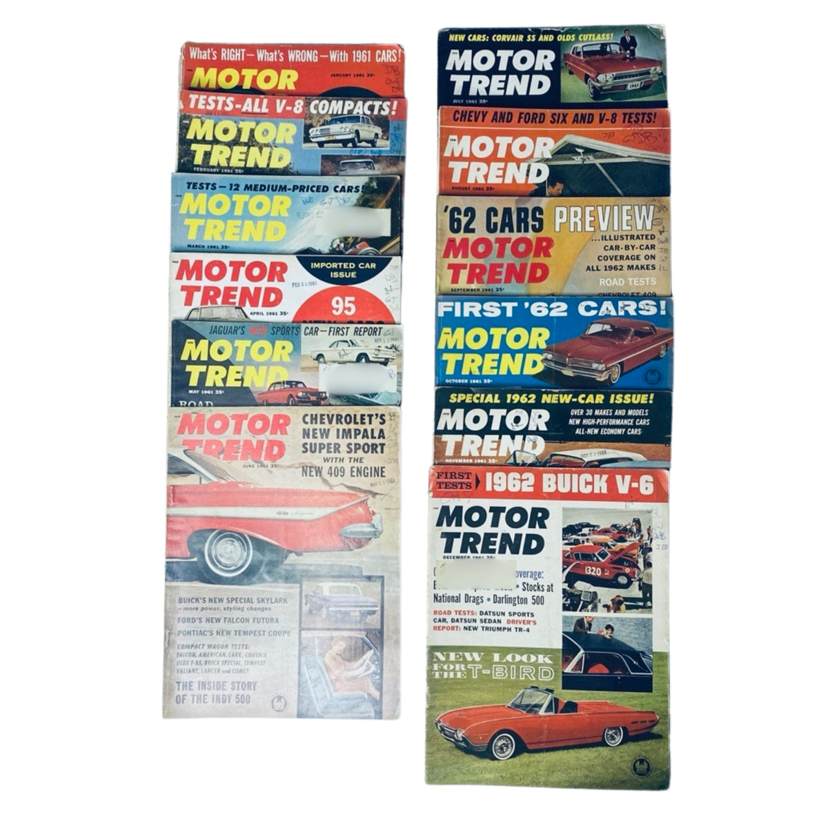 Lot of 12 Motor Trend Magazine issues from 1961, featuring covers that highlight automotive tests, new car previews, and industry news. This collection includes a full year of publications from January to December, showcasing vintage cars and advertisements.