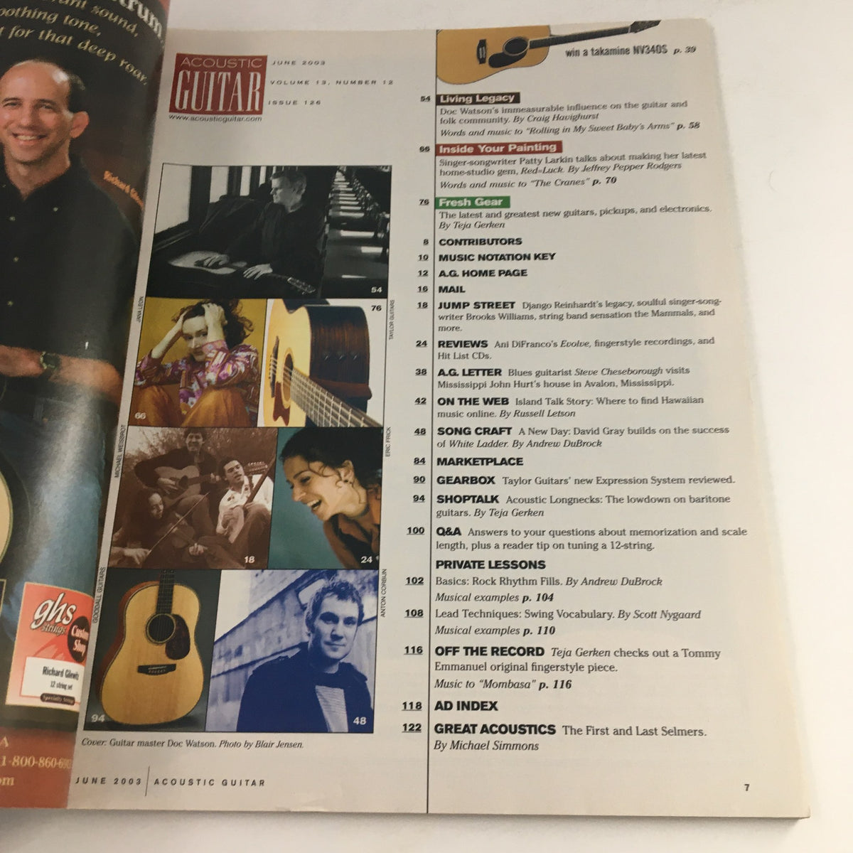 Inside page of Acoustic Guitar Magazine June 2003 showing contents and features including articles on guitar playing and an index.