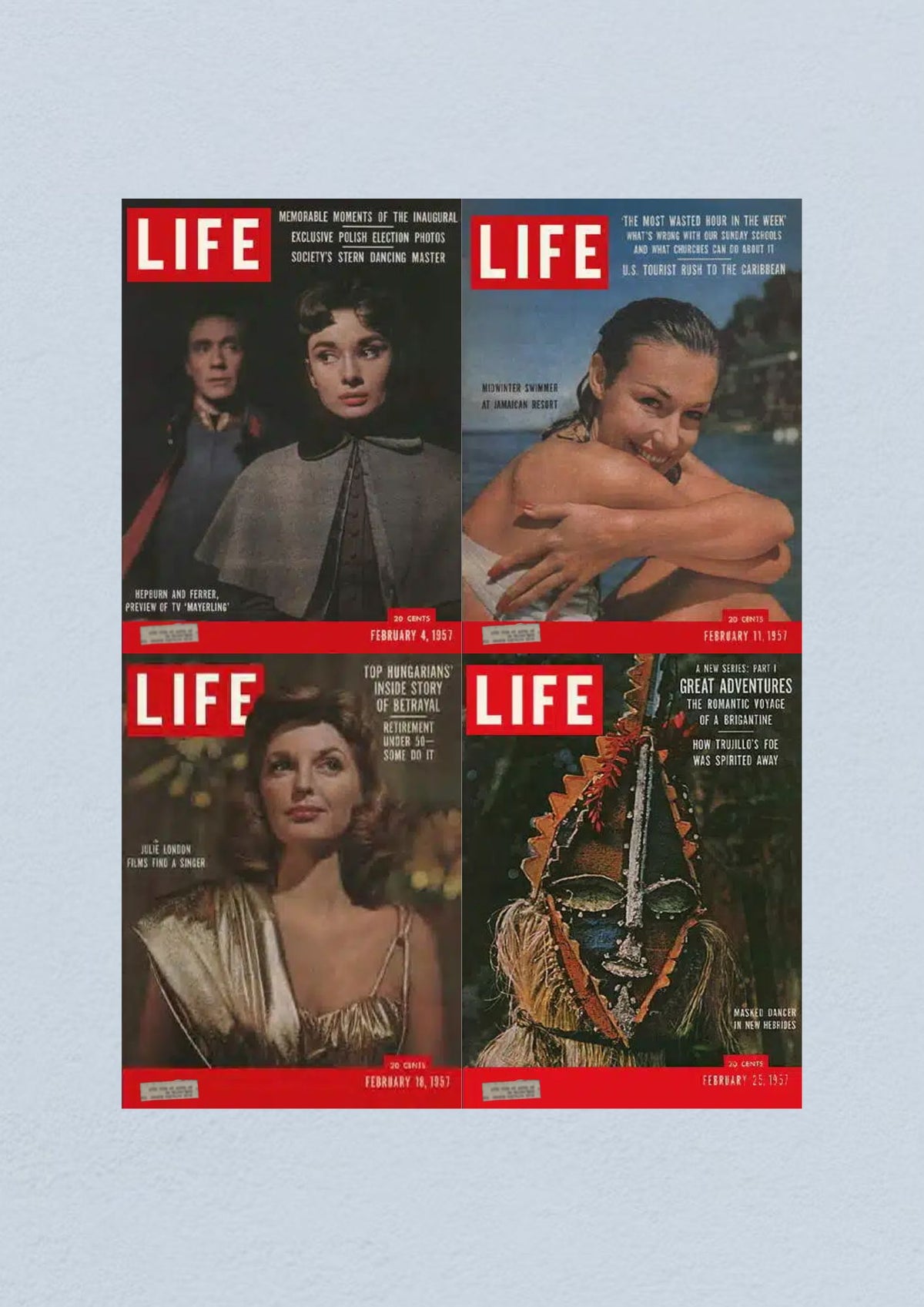 Life Magazine February 25, 1957 cover depicting a masked dancer in New Hebrides, featured in a collection of four magazines from February 1957.