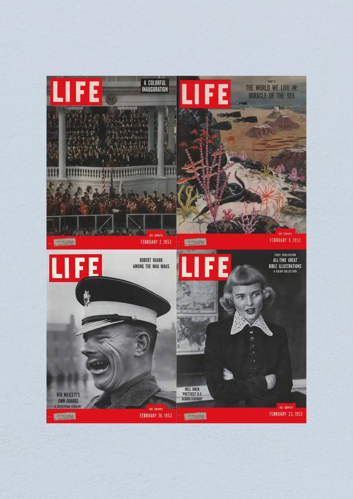 Life Magazine Lot of 4 Full Month of February 1953 showcasing covers from February 2, 9, 16, and 23, highlighting significant historical events such as President Eisenhower's inauguration and marine life.