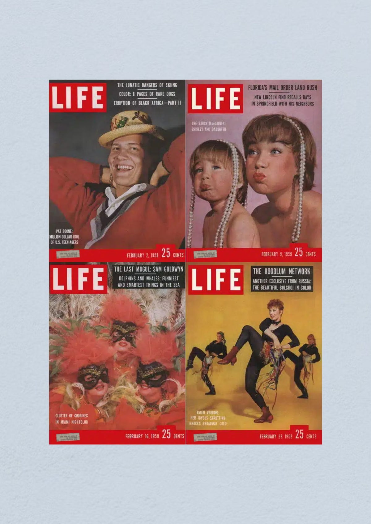 Life Magazine Lot of 4 Full Month February 1959 Cover showcasing Gwen Verdon on February 23 issue.