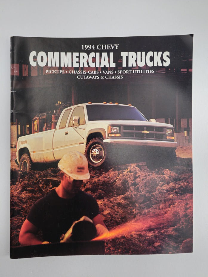1994 Chevy Commercial Trucks Pick Ups Chassis-Cabs Vans Car Sale Brochure featuring a white Chevrolet truck on a construction site, showcasing the rugged designs and versatility of Chevy's commercial vehicles.