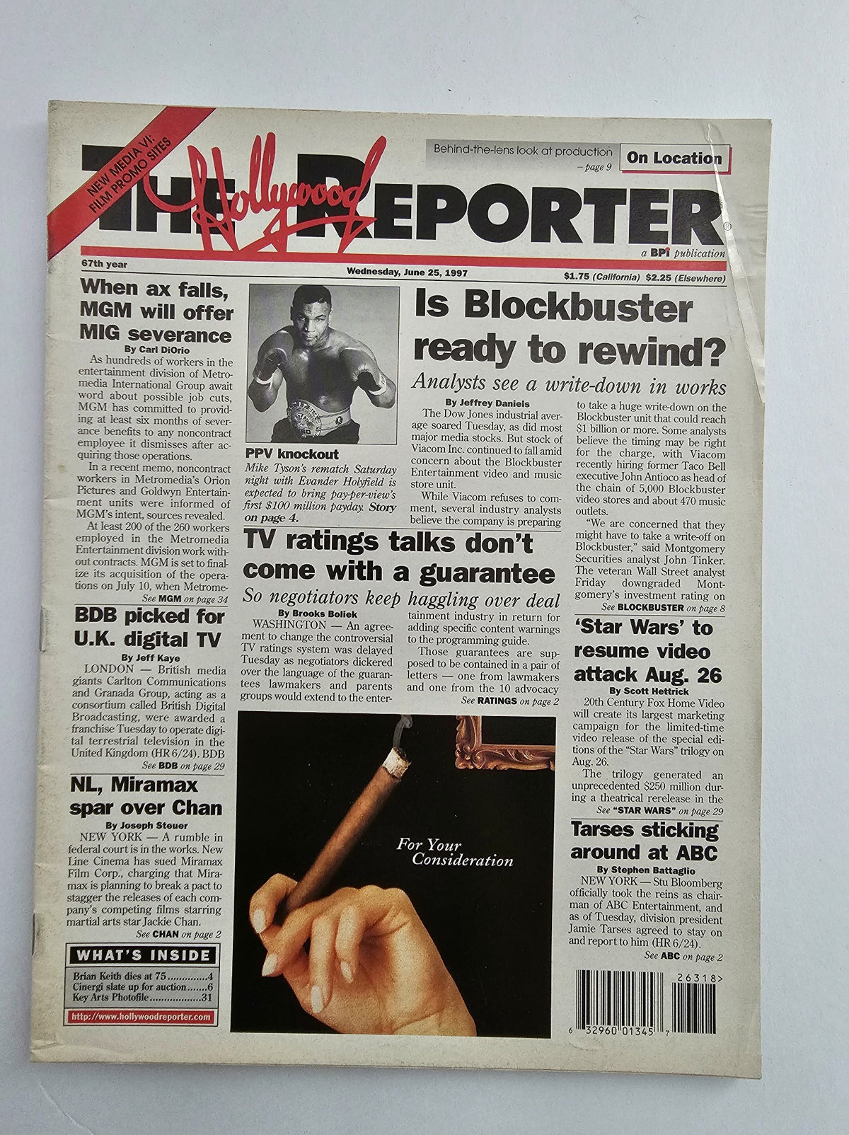 The Hollywood Reporter Magazine June 25 1997 featuring Mike Tyson's Rematch, showcasing key articles and photographs from the boxing event, highlighting cultural impacts and insights from the 1990s sports scene.