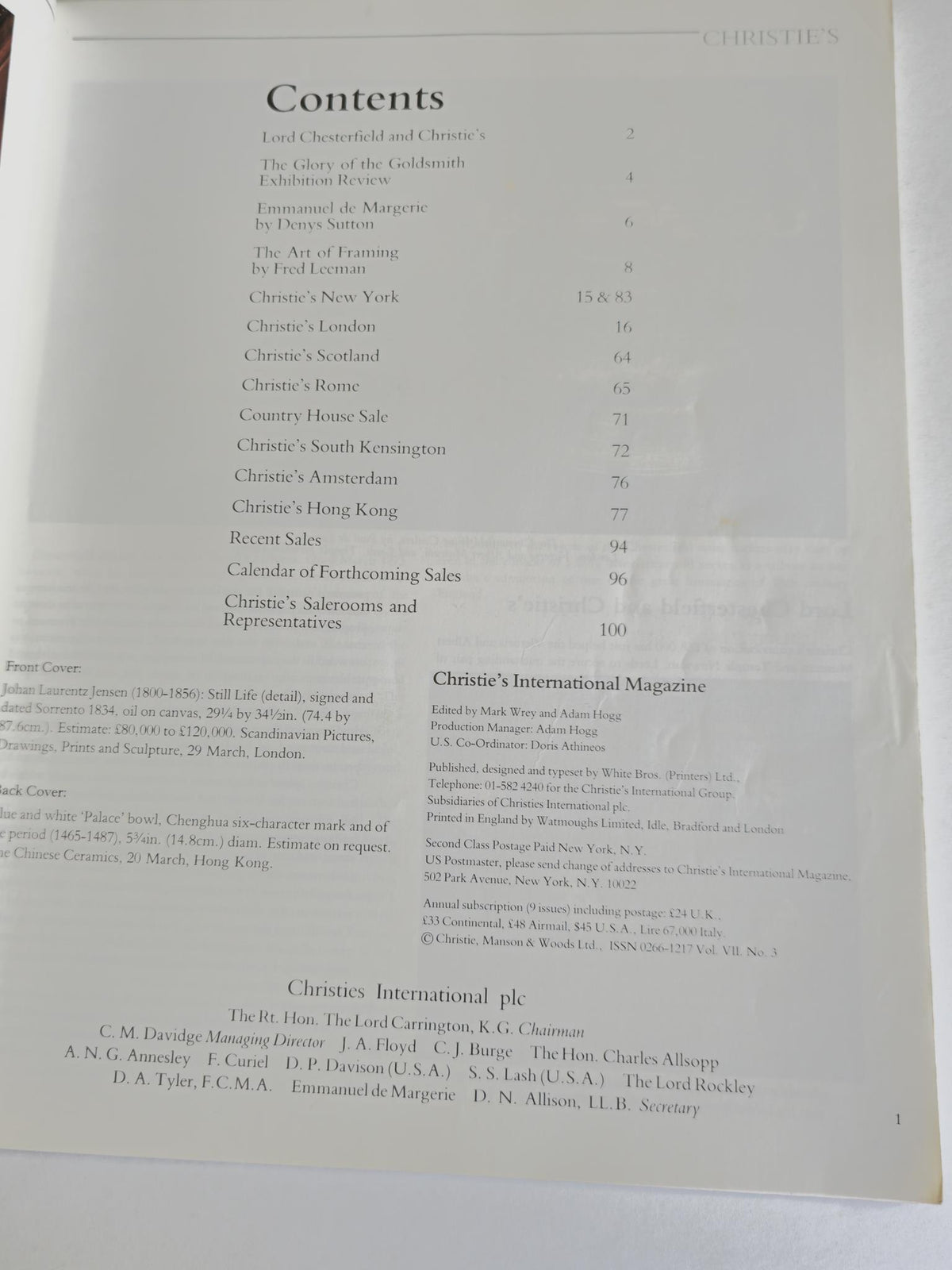 Contents page of Christie's International Magazine, March 1990, detailing featured articles about Lord Chesterfield and various auction highlights, encapsulating insights into the art market.