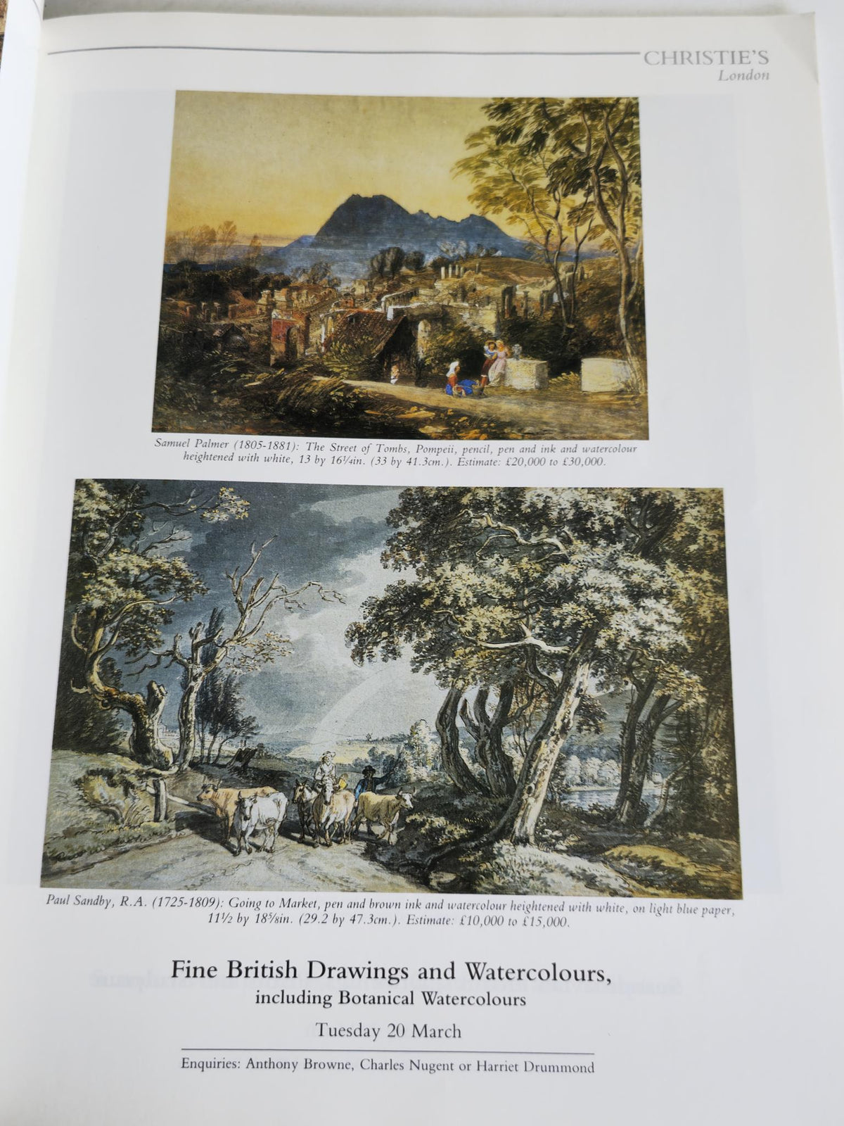 Christie's International Magazine March 1990 features fine British drawings and watercolours. The image includes two artworks: 'The Street of Tombs, Pompeii' by Samuel Palmer and 'Going to Market' by Paul Sandby. Both highlighted in a gallery setting with estimates for auction.