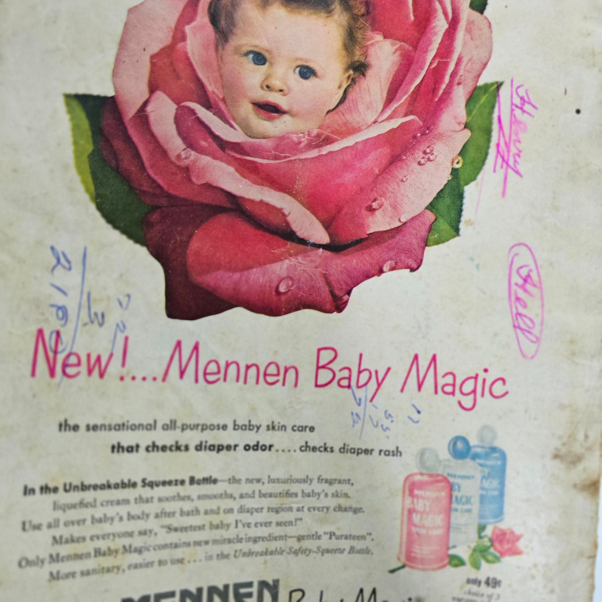 Vintage advertisement for Mennen Baby Magic, featuring a baby surrounded by roses, highlighting the product's all-purpose baby skin care benefits.