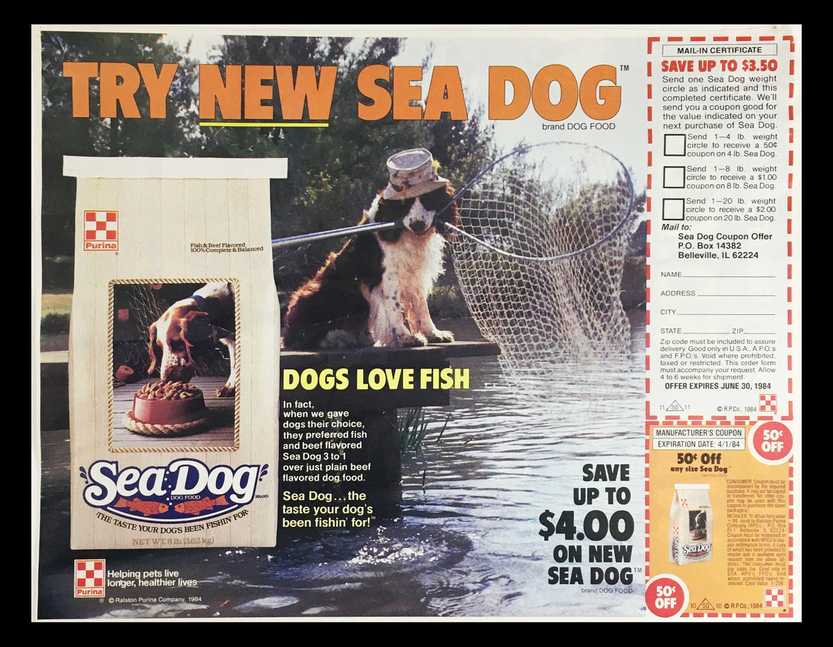 1974 Purina Sea Dog Brand dog food advertisement featuring a dog by a pond, promoting the product with a coupon offer to save up to $4 on Sea Dog.