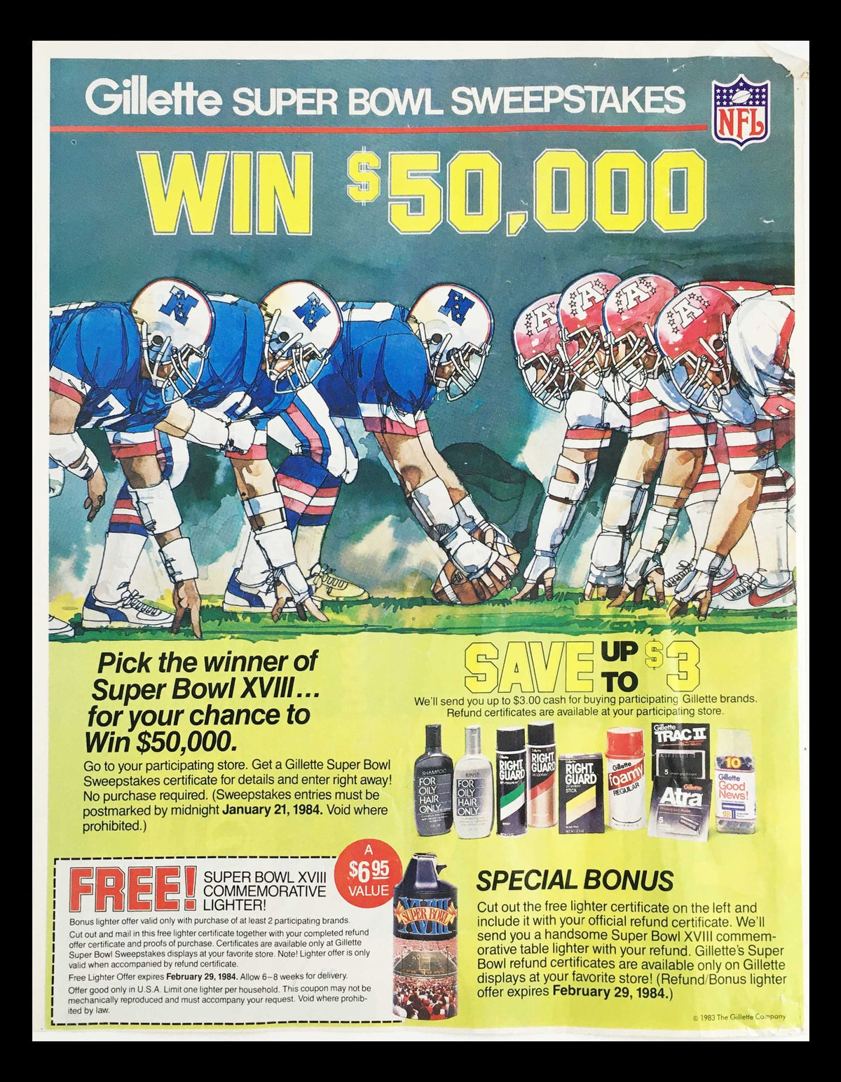 Gillette Super Bowl XVIII Sweepstakes advertisement offering a chance to win $50,000, featuring football players lined up at the line of scrimmage and a special bonus for participation.
