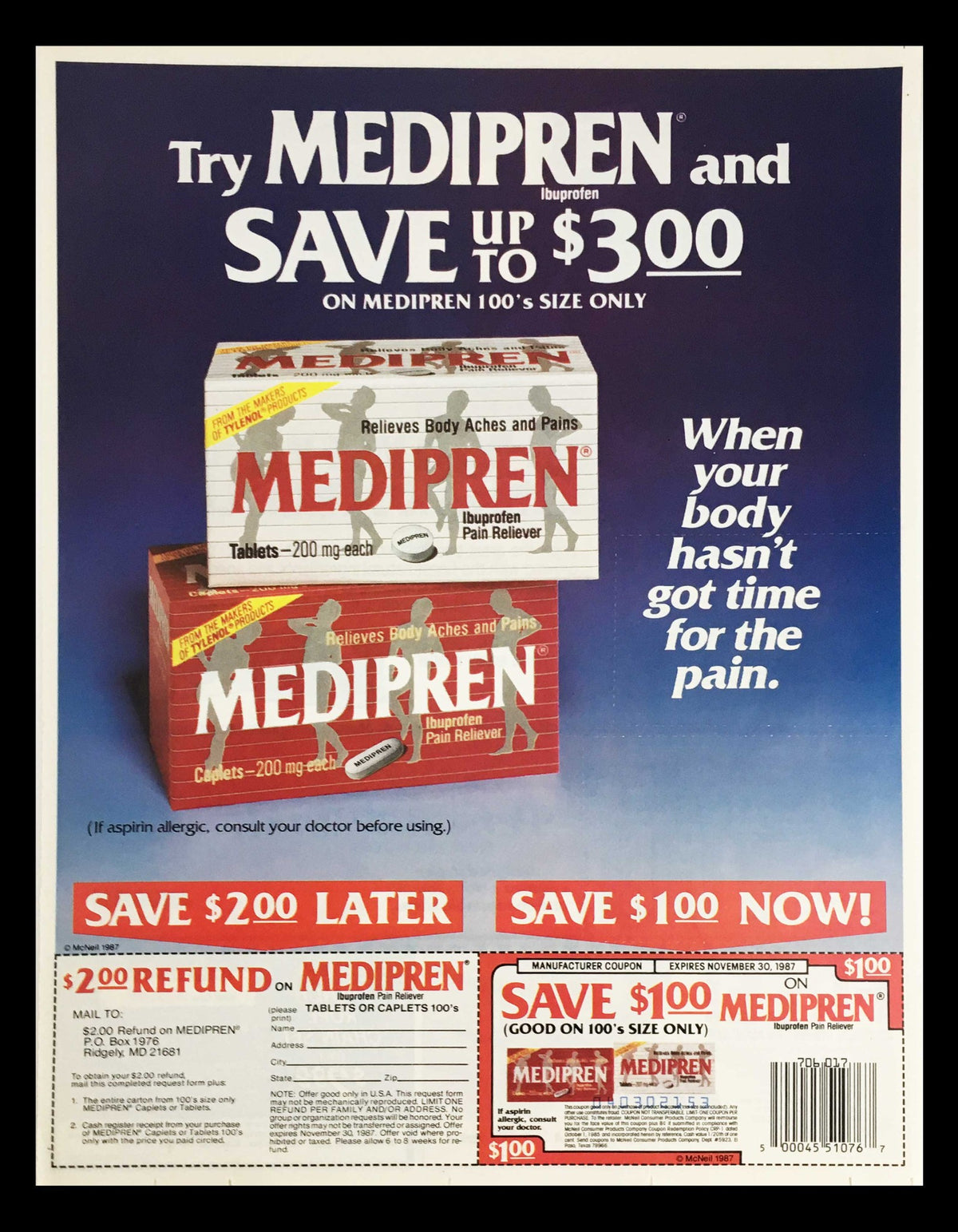 1987 Medipren Ibuprofen Pain Reliever Circular Coupon Advertisement showcasing Medipren pain relief tablets with promotional offers for savings on purchases.