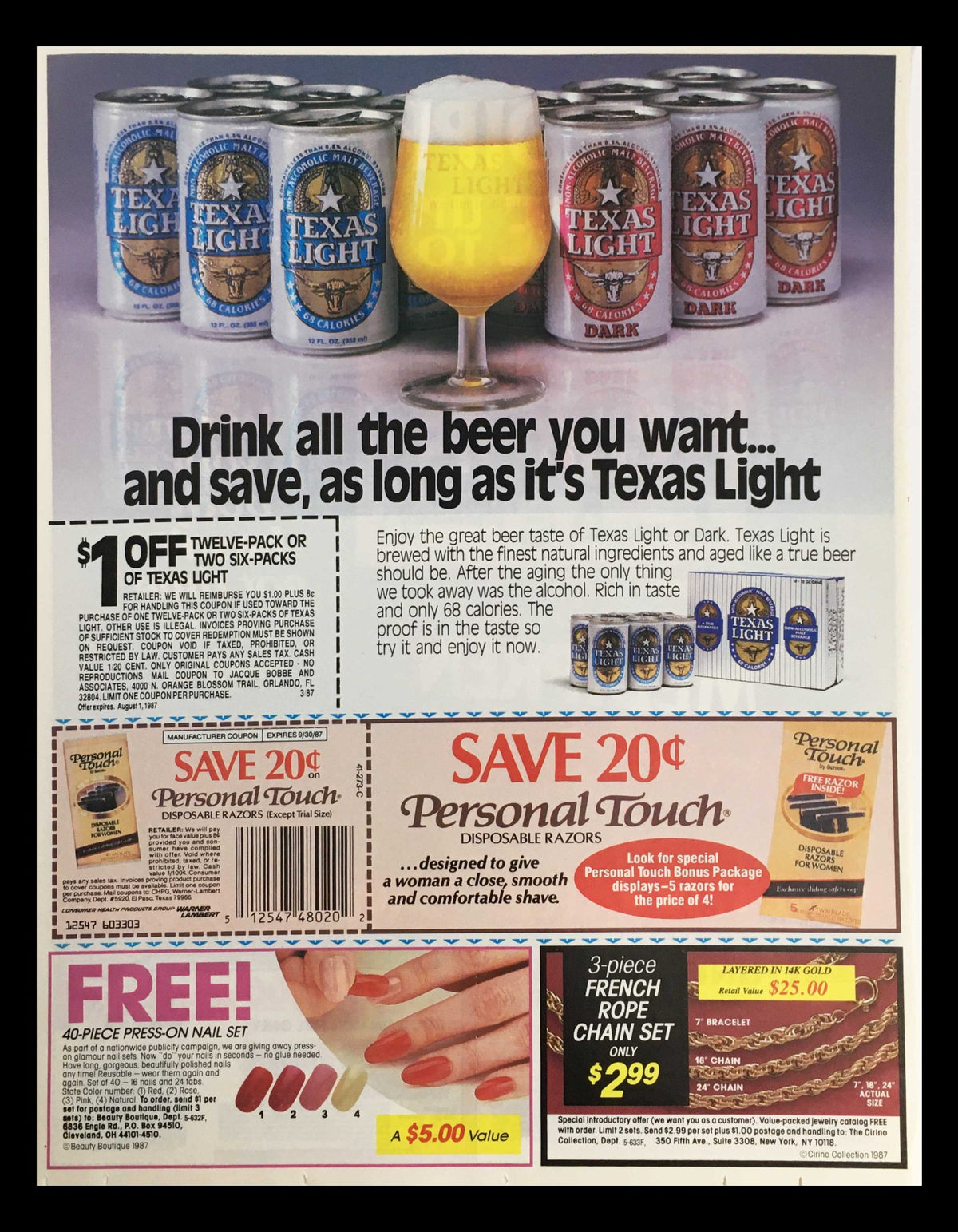 1987 advertisement for Texas Light beer and Personal Touch products including coupons for discounts and a free nail set.