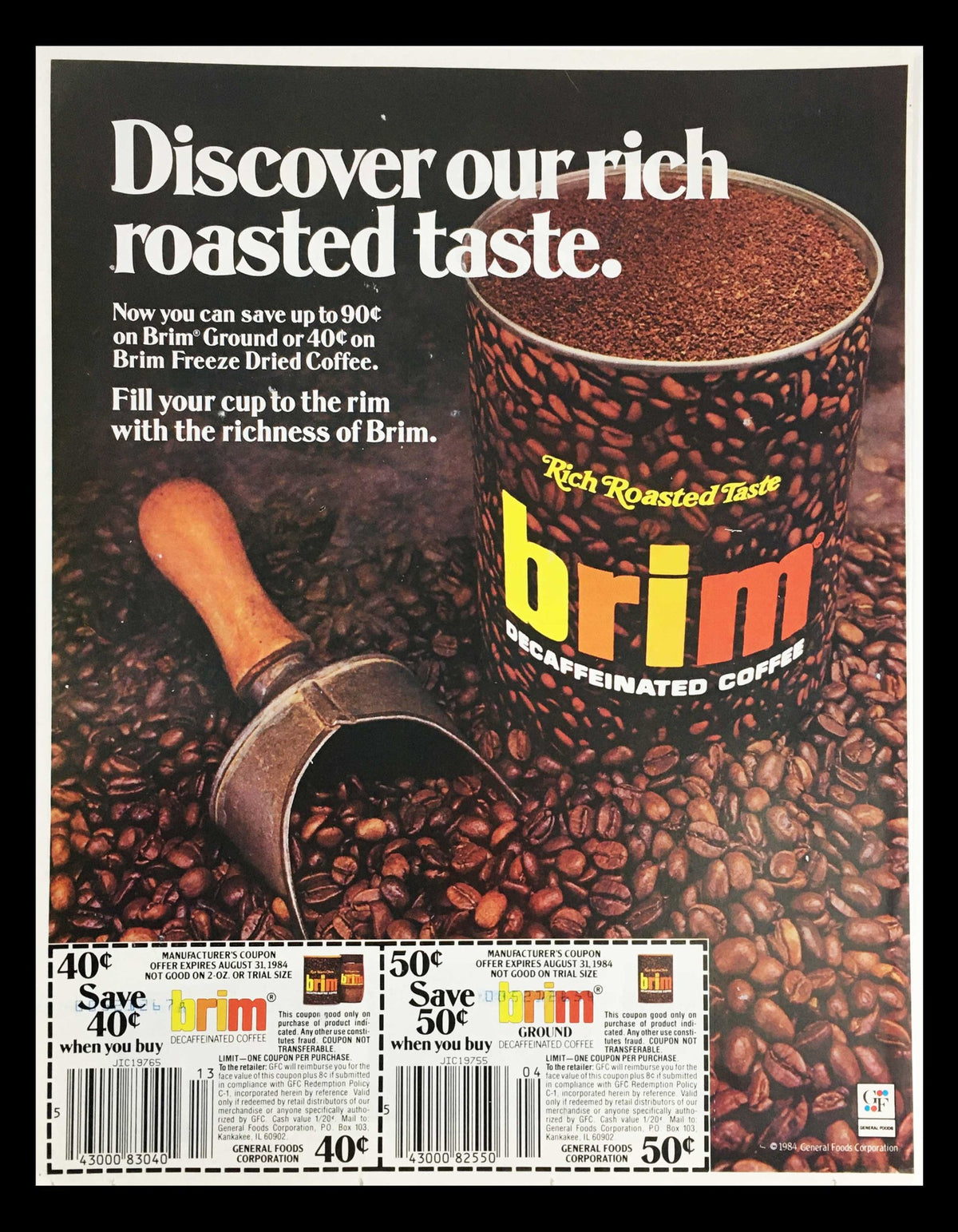 1984 Rich Roasted Taste Brim Decaffeinated Coffee Circular Coupon Advertisement showcasing a can of Brim coffee surrounded by coffee beans, featuring expired coupons for savings on Brim products.