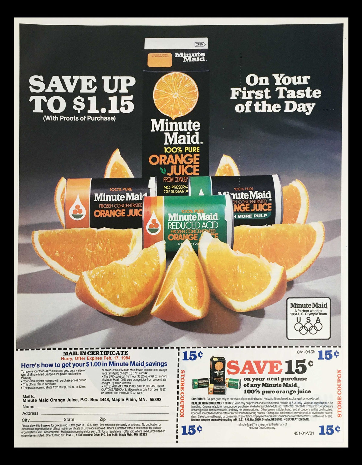 1984 Minute Maid Frozen Concentrated Orange Juice Circular Coupon Advertisement featuring bright orange juice containers and fresh oranges, showcasing savings options and promotional offers.
