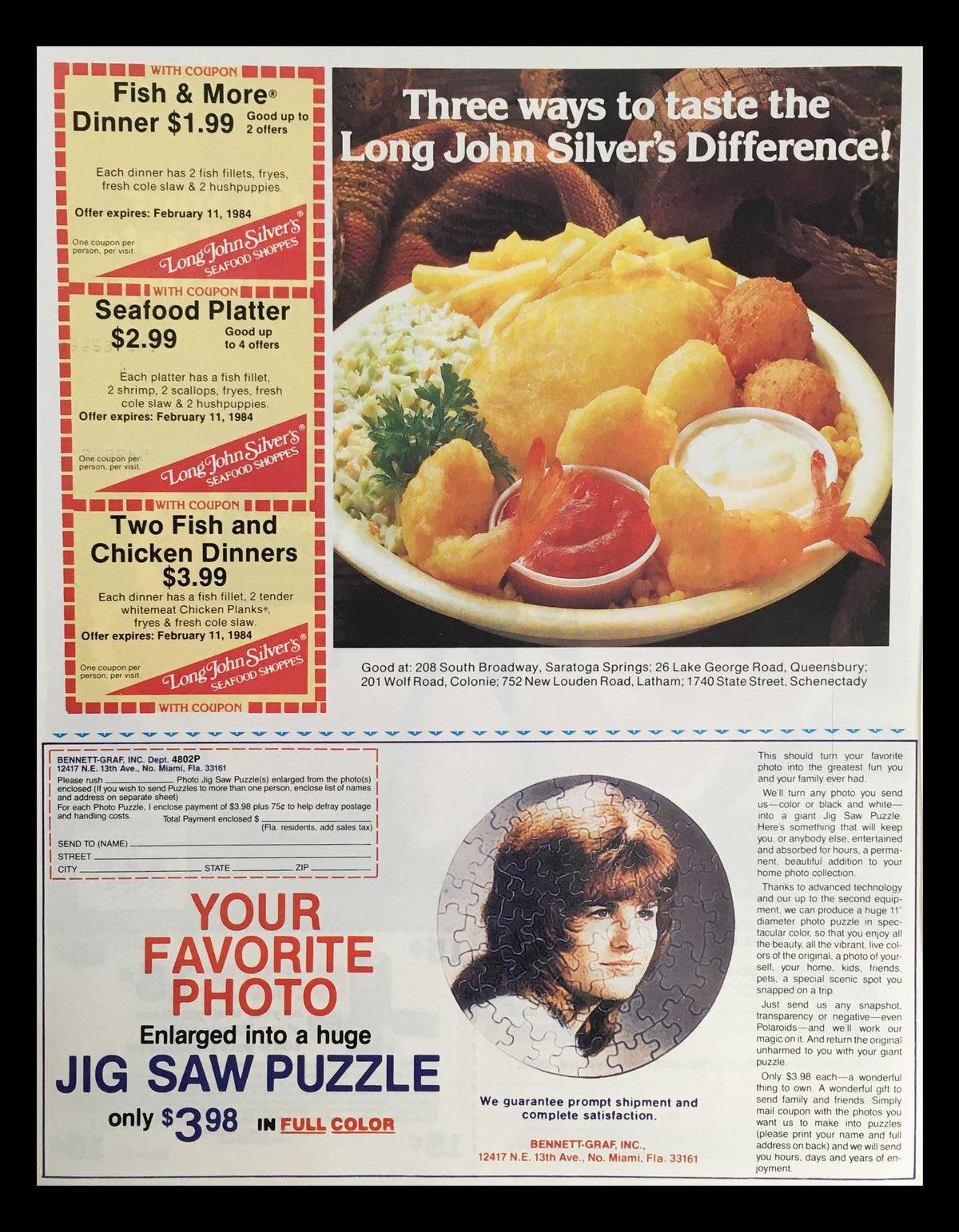 A vintage advertisement showcasing various meals from Long John Silver's along with a jigsaw puzzle promotion, featuring prices and special offers.