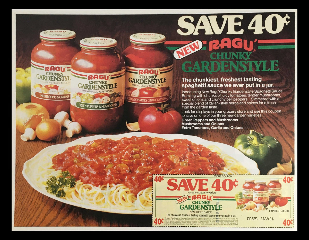 1984 Ragu Chunky Garden Style Spaghetti Sauce Circular Coupon Advertisement featuring jars of Ragu sauce and pasta, with a coupon to save 40 cents.