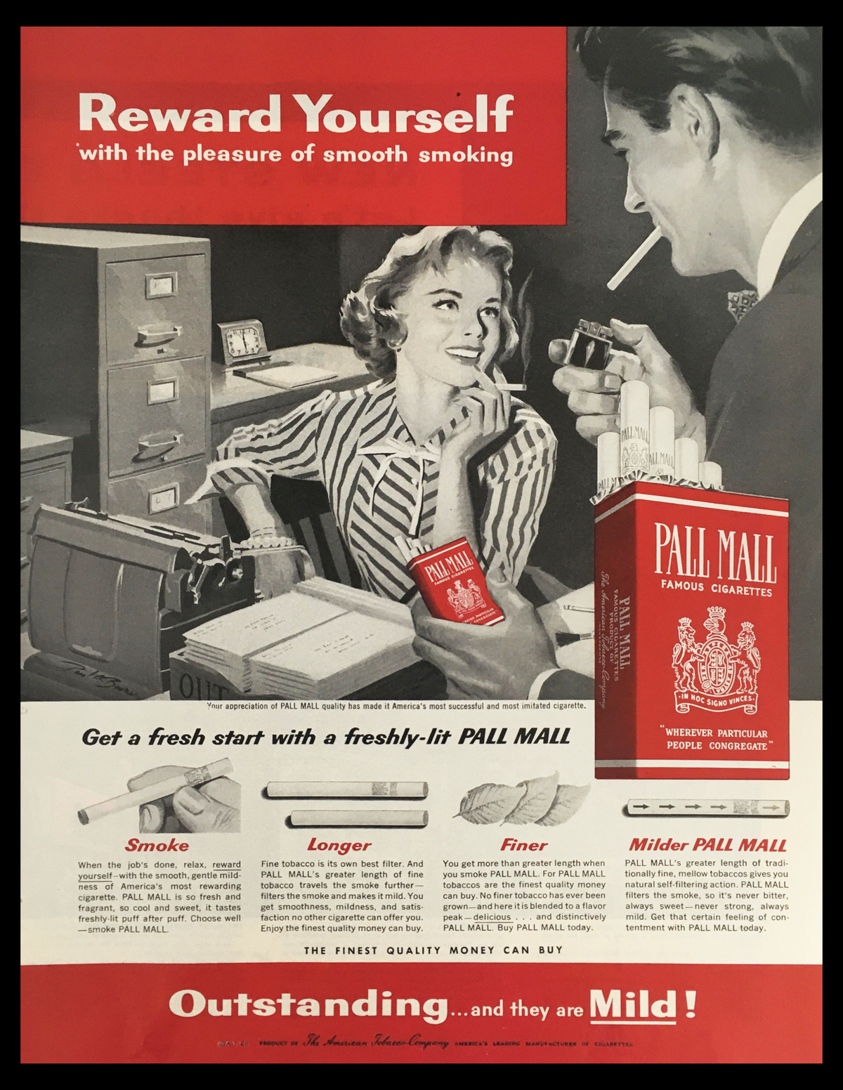 1956 Pall Mall Famous Milder Cigarettes Vintage Print Ad featuring a retro advertising scene. The image showcases a woman in a striped blouse enjoying a fresh Pall Mall cigarette while sitting at a desk, with a product box prominently displayed. This nostalgic ad captures mid-century American culture and the allure of smooth smoking.