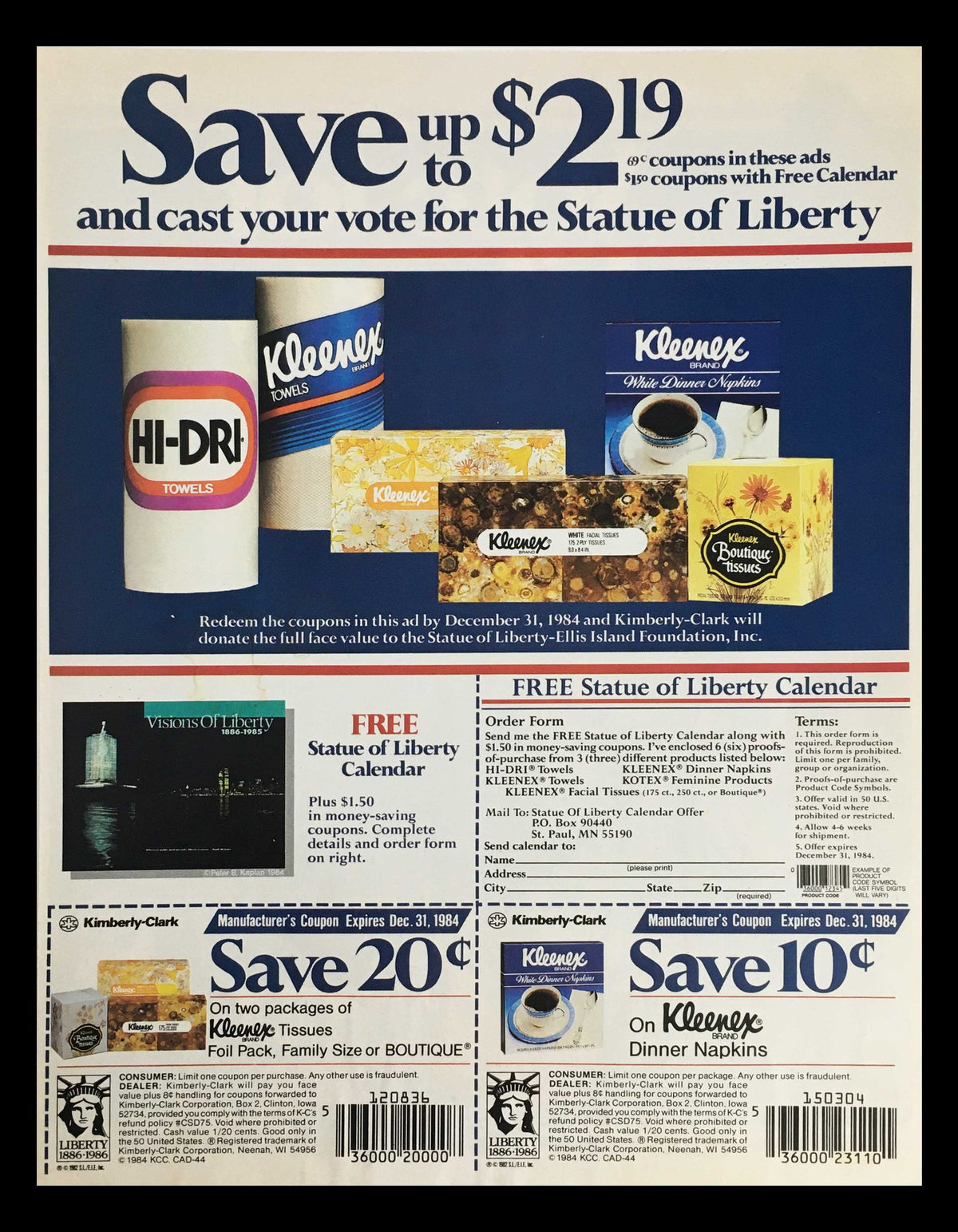 1984 Kimberly-Clark Products Statue of Liberty Circular Coupon Advertisement featuring various product coupons and a promotional calendar. The advertisement highlights savings up to $2.19 with images of Kimberly-Clark items such as Kleenex and HI-DRI towels. The coupon details and expiration notices are clearly displayed.