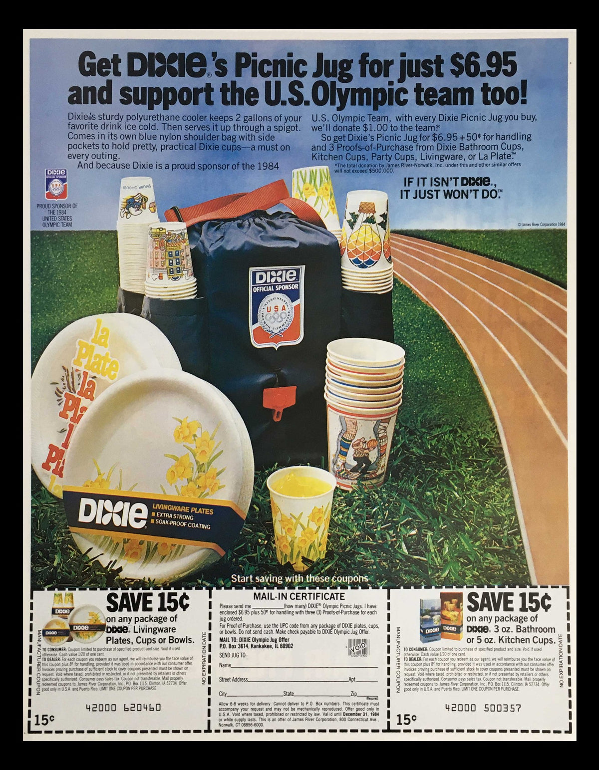 1984 Dixie Picnic Jug & U.S. Olympic Team Circular Coupon Advertisement featuring a colorful picnic set, including Dixie plates and cups, with promotional details to support the U.S. Olympic team.