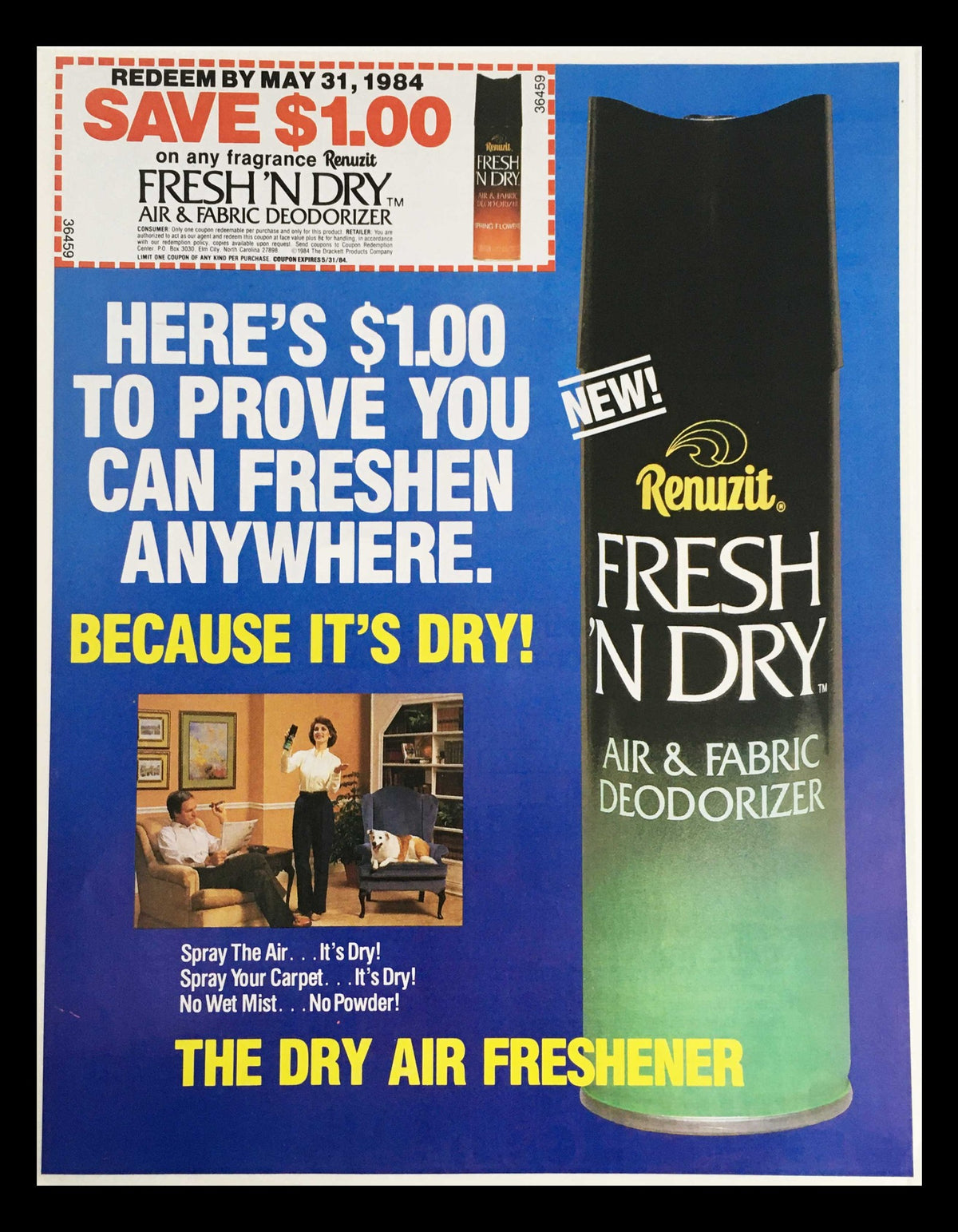 1984 Dixie Picnic Jug & U.S. Olympic Team Circular Coupon Advertisement showcasing a Renuzit Fresh 'N Dry air freshener with a promotional coupon. The vibrant advertisement emphasizes the freshness and effectiveness of the product in enhancing the air quality.