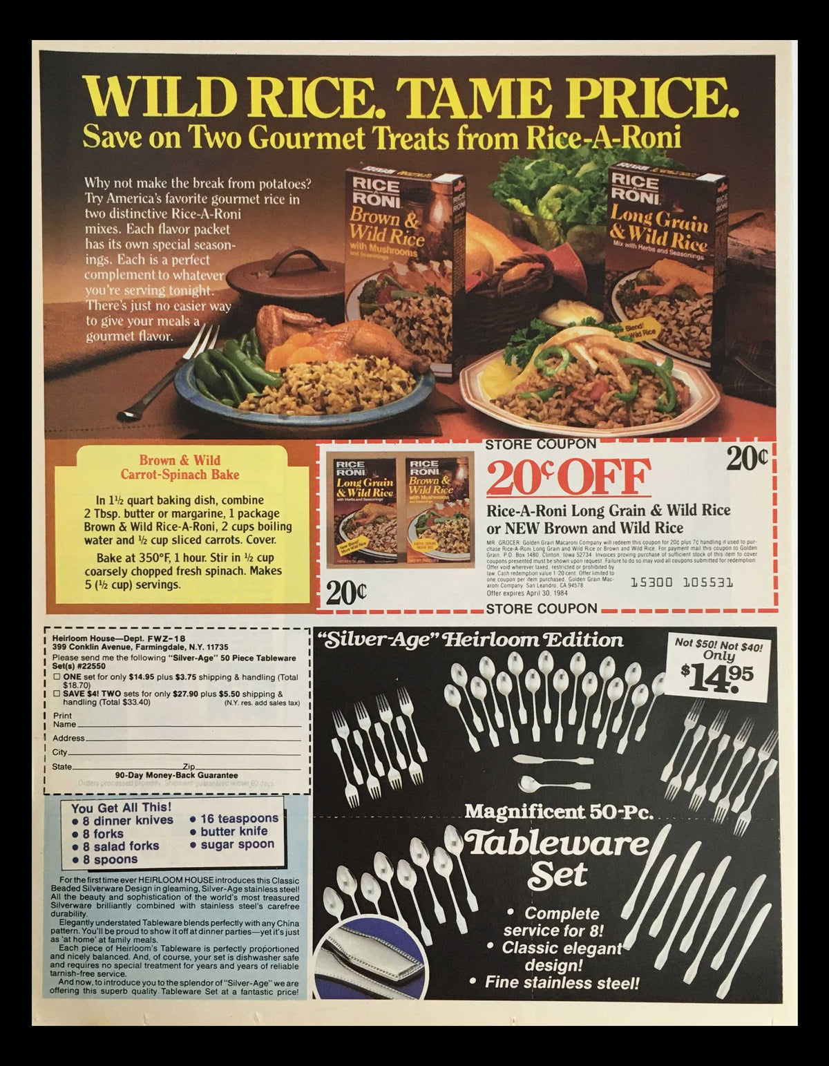 1983 Chex Party Mix Brand Cereal Circular Coupon Advertisement including a Rice-A-Roni promotion with a coupon for $0.20 off, showcasing gourmet food items and discount offers.