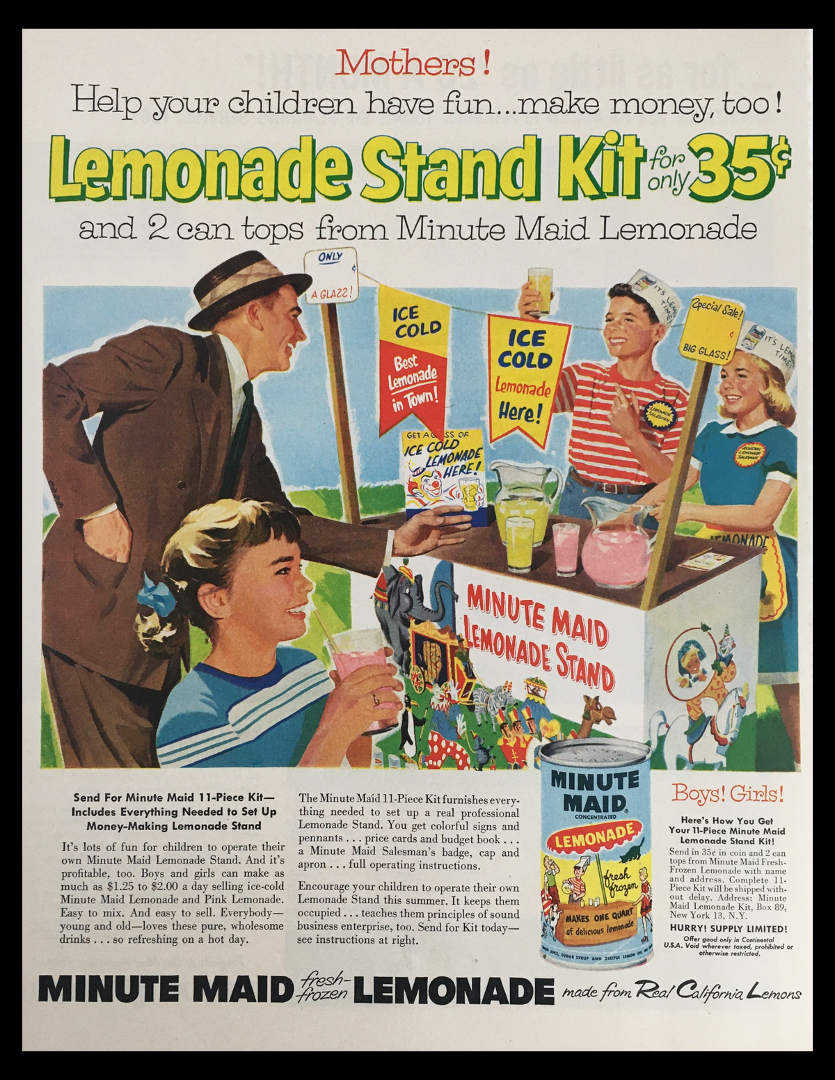1956 Minute Maid Concentrated Lemonade Vintage Print Ad showcasing a colorful lemonade stand kit for children, featuring happy children and an adult promoting the kit, with banners and lemonade products, emphasizing fun and entrepreneurship.