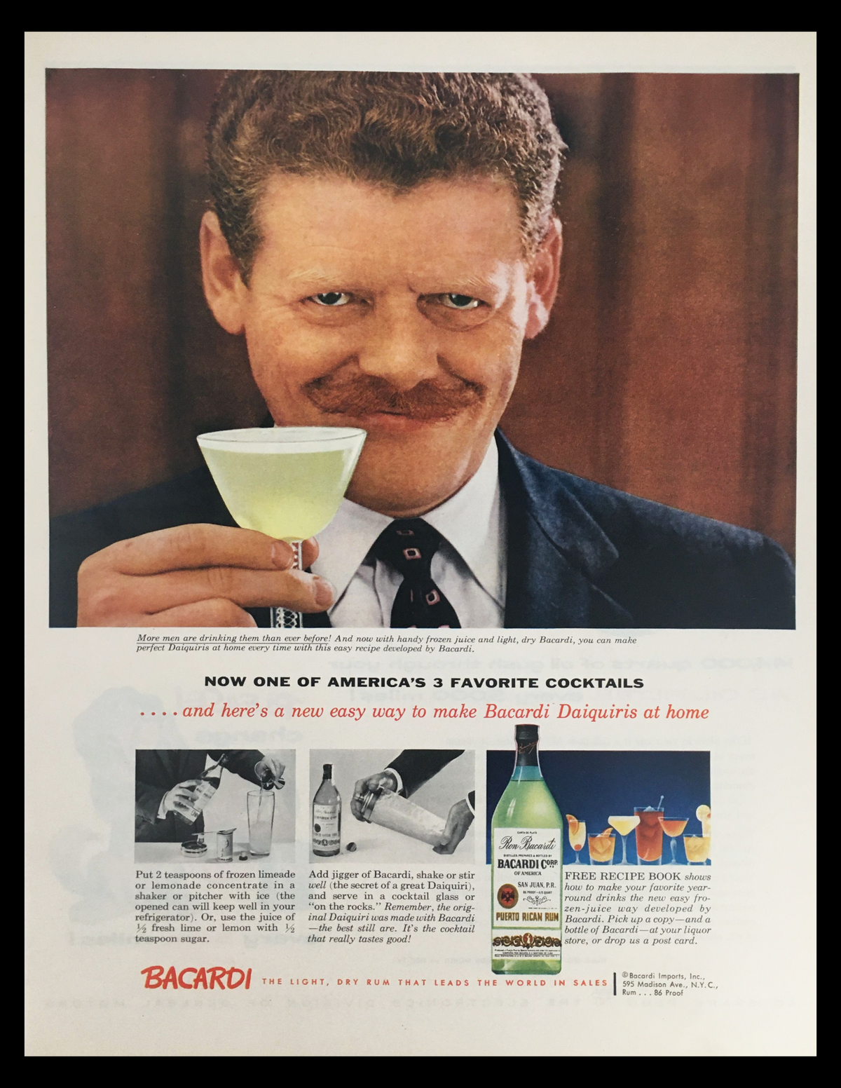 1956 Ron Bacardi Puerto Rican Rum Vintage Print Ad featuring a man with a mustache holding a cocktail, showcasing Bacardi's commitment to quality and mid-century elegance.