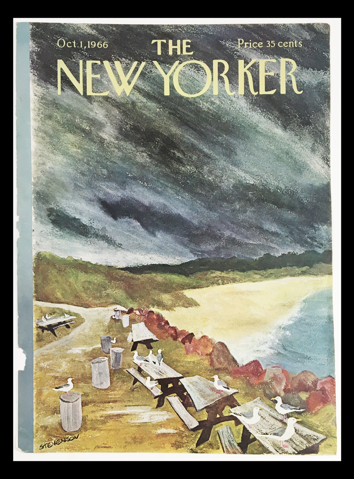 Cover of The New Yorker dated October 1, 1966, featuring a seaside scene with benches and seagulls, illustrated by James Stevenson.