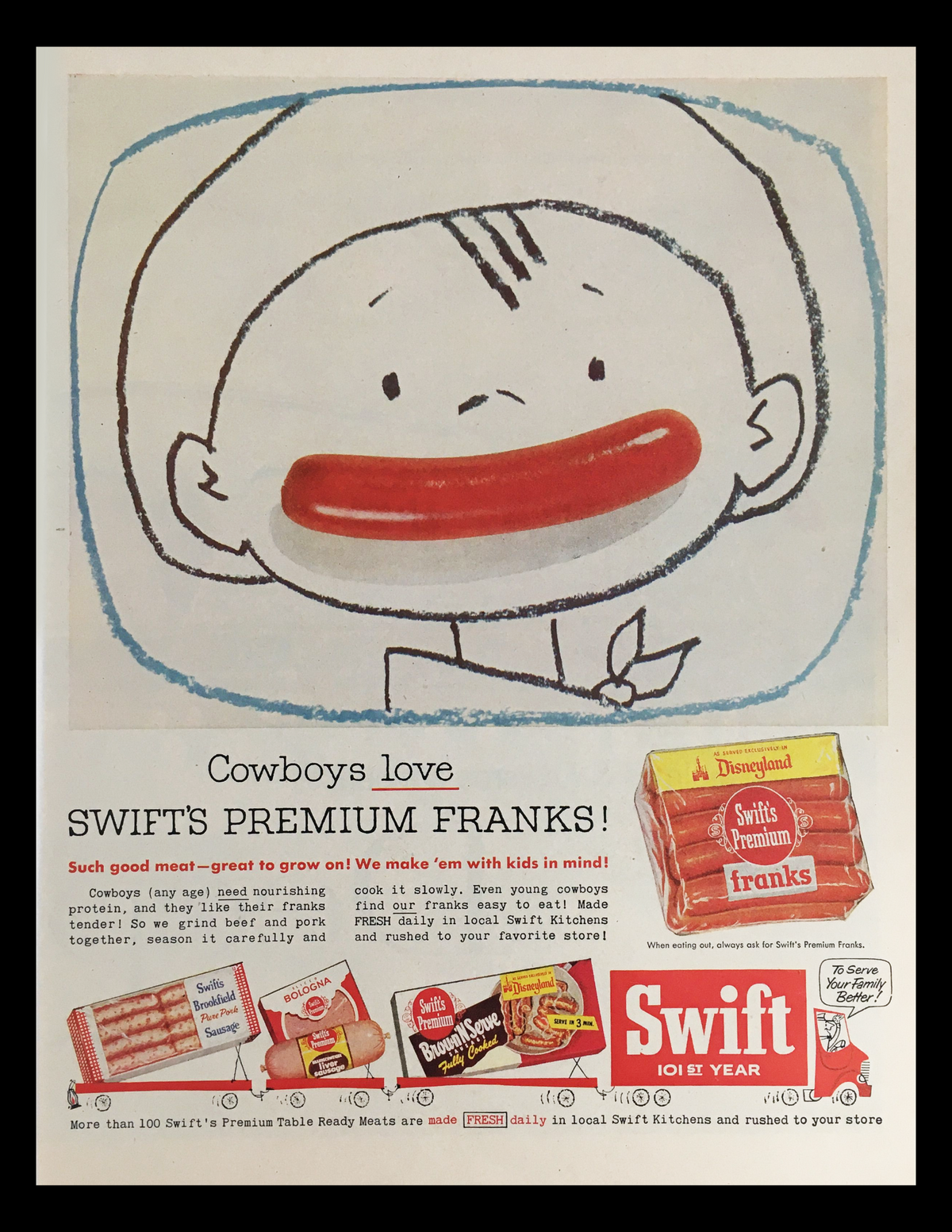 1956 Swift's Premium Franks Disneyland Vintage Print Ad featuring a cartoon child happily enjoying a hot dog, promoting Swift's Premium Franks with a playful design and nostalgic imagery.