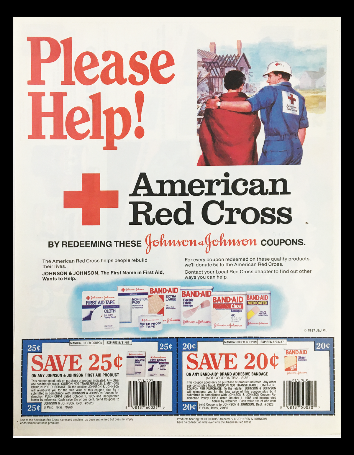 1987 Johnson & Johnson Products American Red Cross Circular Coupon Advertisement featuring a plea for assistance with Johnson & Johnson coupons for first aid products.