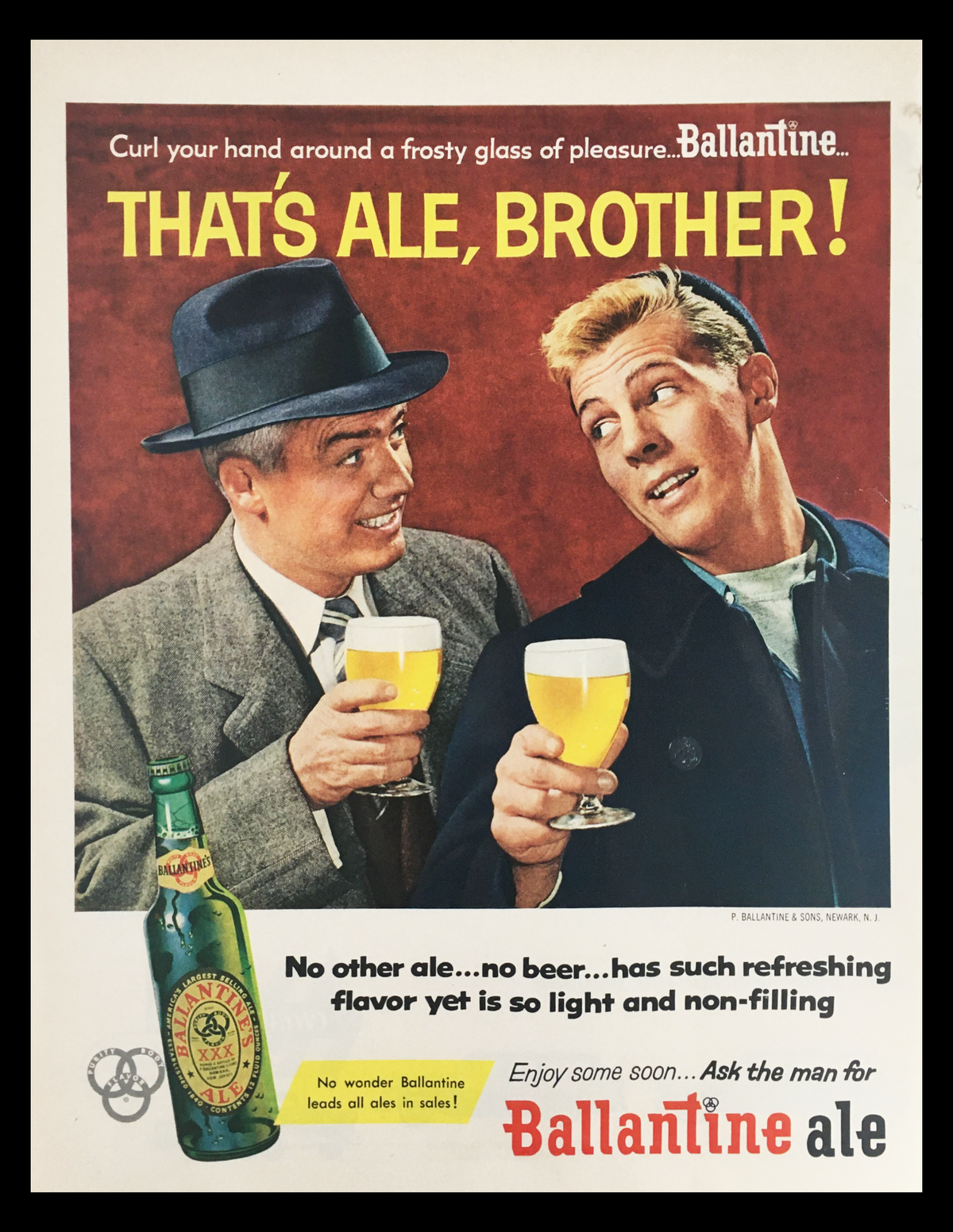 1956 Ballantine's XXX Ale Vintage Print Ad featuring two gentlemen toasting with frosty glasses of ale, showcasing a lively mid-century beer advertisement with the slogan 'That's Ale, Brother!'