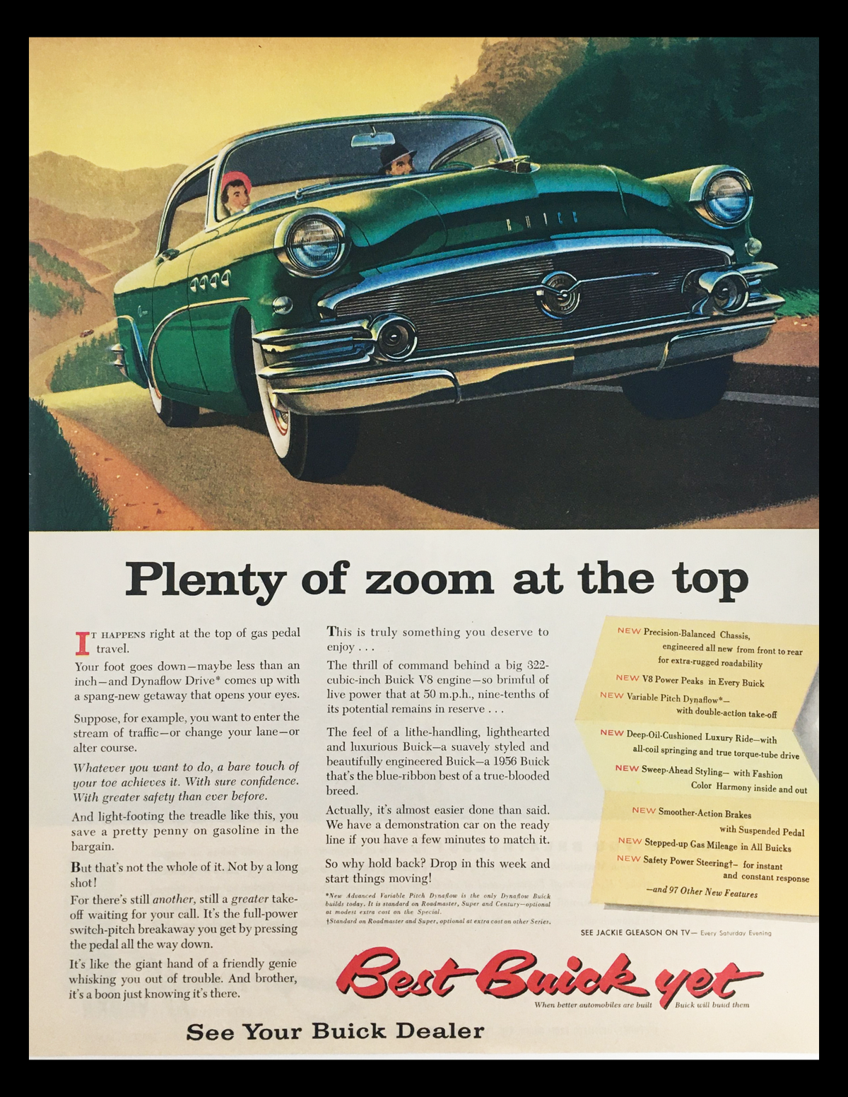 1956 Buick V8 Engine Dynaflow Drive Vintage Print Ad featuring a classic Buick car on the road, highlighting the advertisement's emphasis on performance and the excitement of driving.