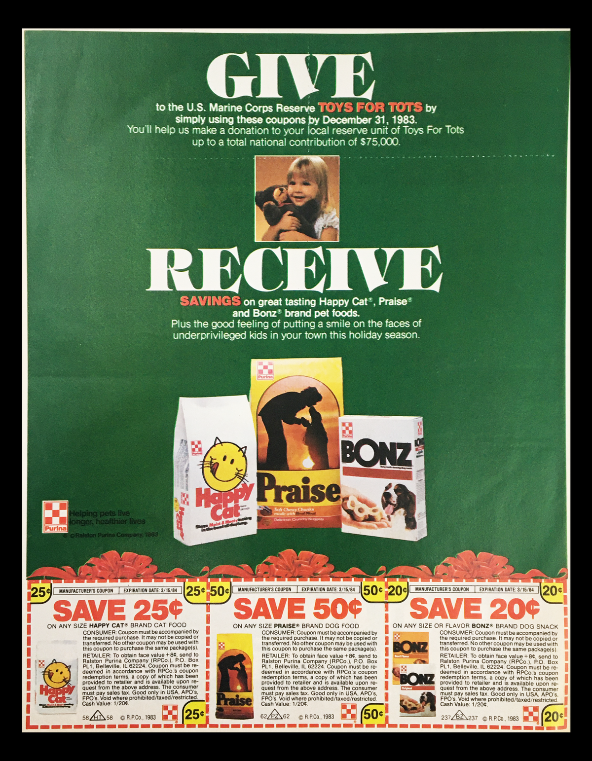 1983 Weaver Boneless Mini-Drums Chicken Patties Circular Coupon Advertisement promoting donations to the Marine Corps Reserve Toys for Tots, showcasing Happy Cat and Bonz dog food products with discount coupons.
