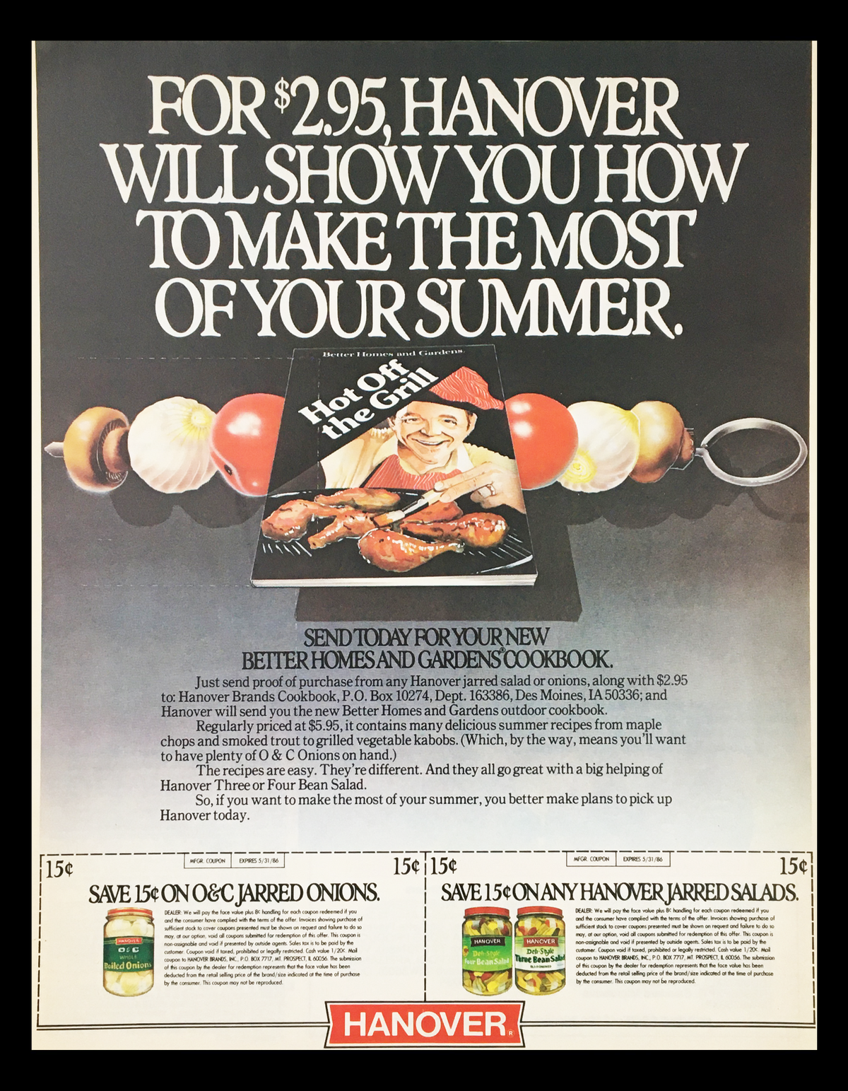 1986 Hanover Brands Cookbook Circular Coupon Advertisement showcasing cooking tips and food products with a special offer for a Better Homes and Gardens Cookbook. The advertisement includes a visual of the cookbook and various food items, capturing the essence of 1980s culinary culture.