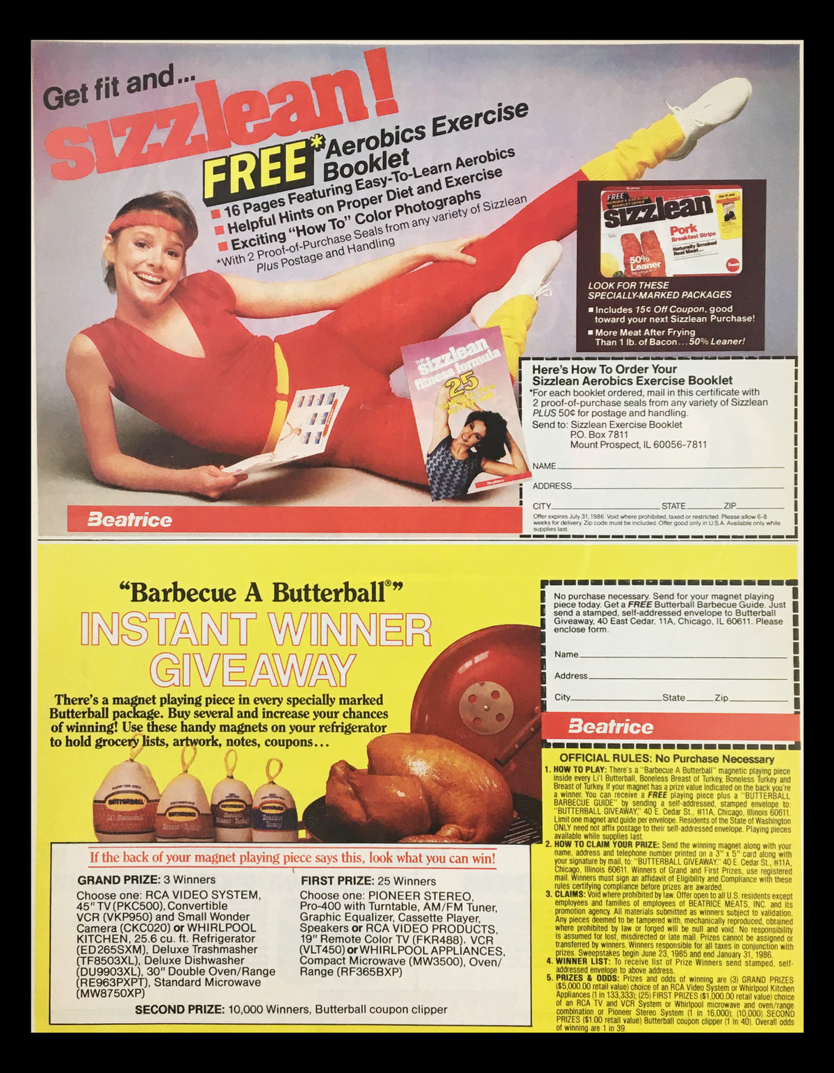 1986 Hanover Brands Cookbook Circular Coupon Advertisement featuring a promotion for a free aerobics exercise booklet and a giveaway for Butterball products. The image highlights vibrant exercise attire and product offers, reflecting trends in health and fitness during the 1980s.