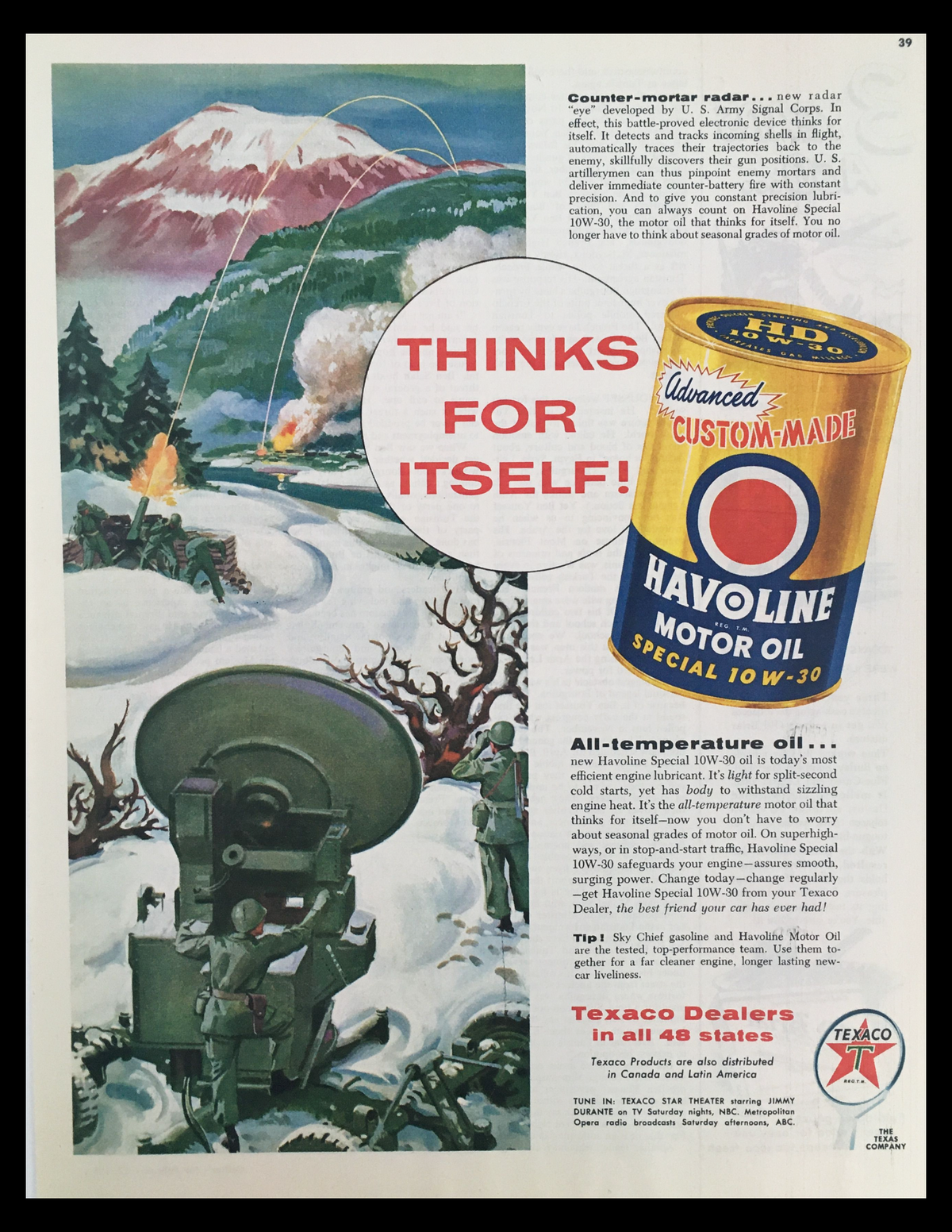 1956 Havoline Motor Oil Special 10 W-30 vintage print ad showcasing a military scene with soldiers using artillery and featuring vibrant visuals that emphasize the product's qualities as an all-temperature oil, perfect for classic car enthusiasts and collectors of automotive memorabilia.