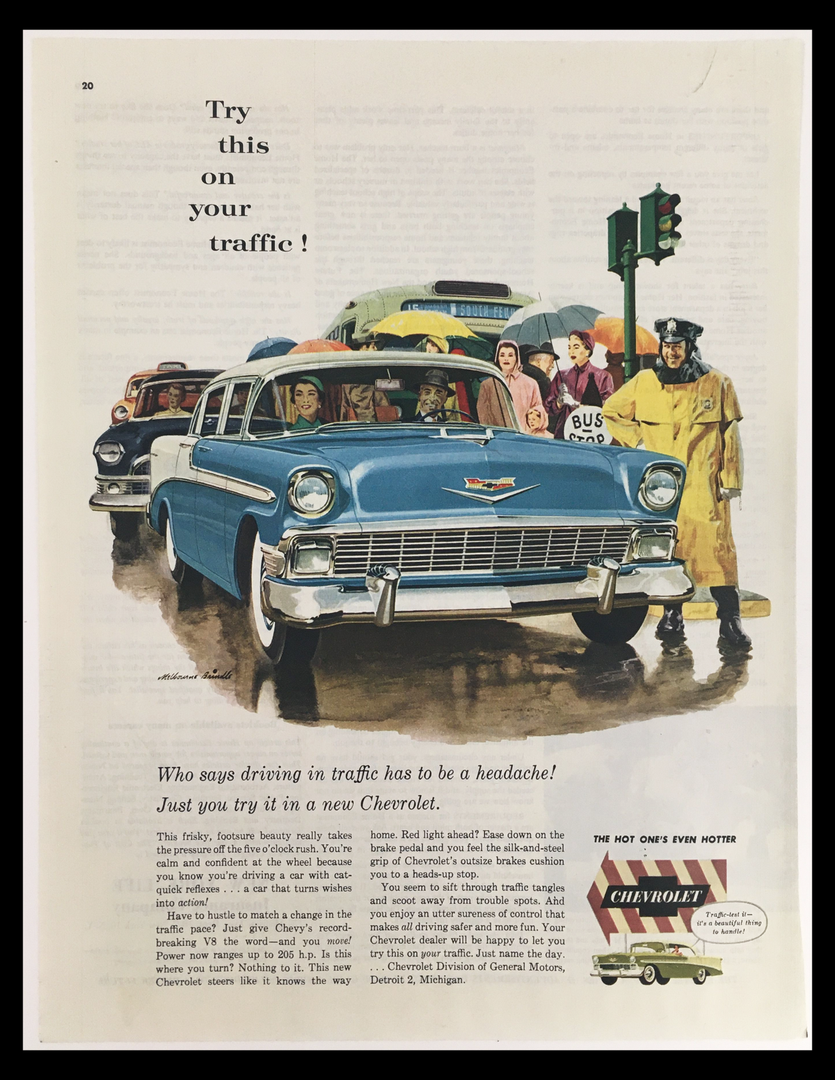 1956 Chevrolet Brakes Cushion Power V8 Vintage Print Ad featuring a bright blue Chevrolet car in urban traffic, showcasing mid-20th century design and vibrant colors, perfect for automotive enthusiasts.