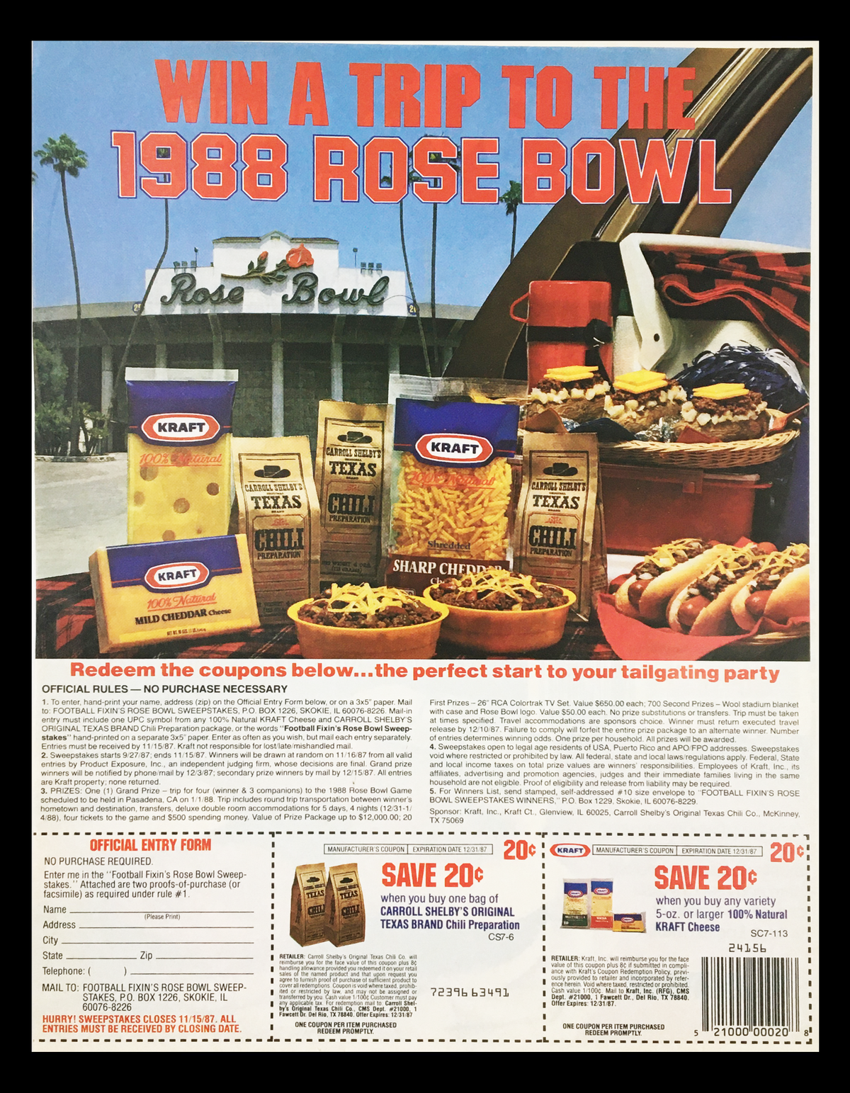 1987 Kraft Football Fixin's Rose Bowl Sweepstakes Circular Coupon Advertisement featuring a colorful array of Kraft products and promotional details for a chance to win a trip to the 1988 Rose Bowl.