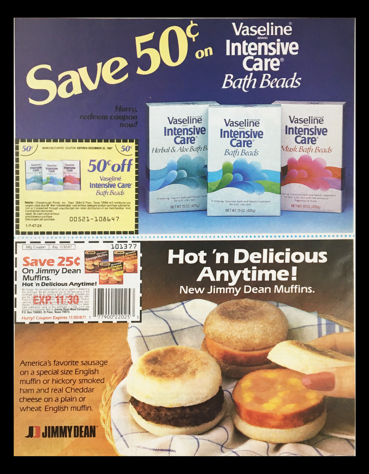 1987 Kraft Football Fixin's Rose Bowl Sweepstakes Circular Coupon Advertisement showcasing various coupon offers including savings on Vaseline Intensive Care Bath Beads and Jimmy Dean Muffins.
