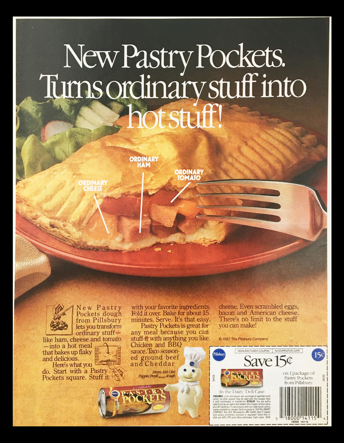 1987 Pillsbury Pastry Pocket Doughs Circular Coupon Advertisement showcasing new pastry pockets with images of ordinary ham, cheese, and tomato, highlighting the product's versatility.