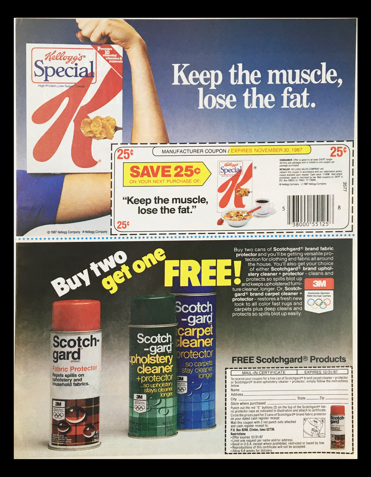 1987 Kellogg's Special K Coupon Advertisement featuring a muscular figure promoting the benefits of the cereal, alongside a deal for fabric protectors from Scotchgard, emphasizing health and savings.