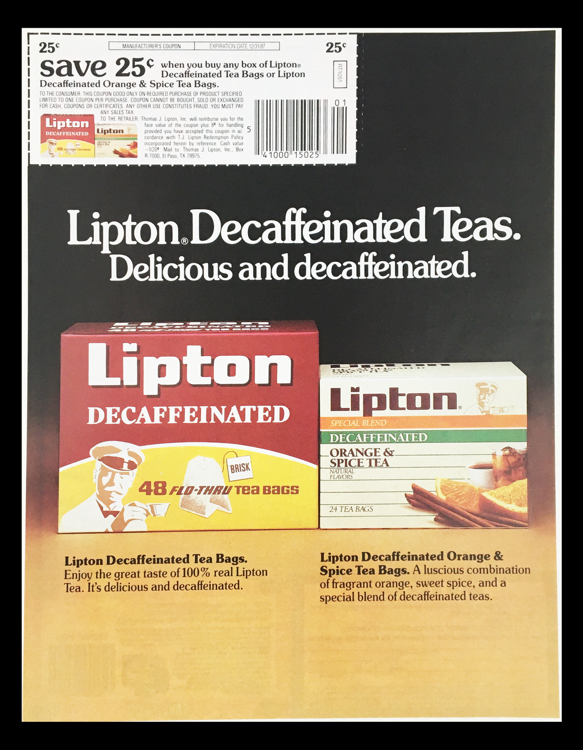 1987 Lipton Decaffeinated Teas Circular Coupon Advertisement showcasing Lipton Decaffeinated Tea Bags and Lipton Decaffeinated Orange & Spice Tea Bags with descriptions of the product's quality and flavor.