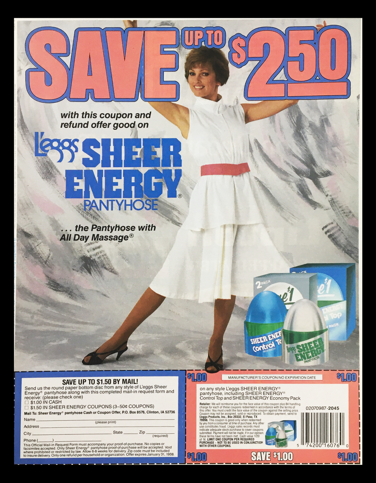 1987 advertisement featuring Loger's Sheer Energy Pantyhose with a model promoting comfort and style, highlighting a coupon offer for savings on legwear.